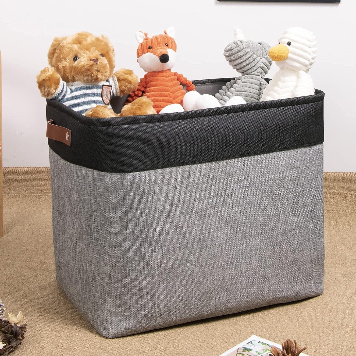 DULLEMELO Large Collapsible Storage Basket/Bin with Sturdy Leather Handles, Fabric Organizer Bin for Storage Clothes, Toys, Books, Office, Bedroom, Closet, Nursery & Laundry (Black&Gray)