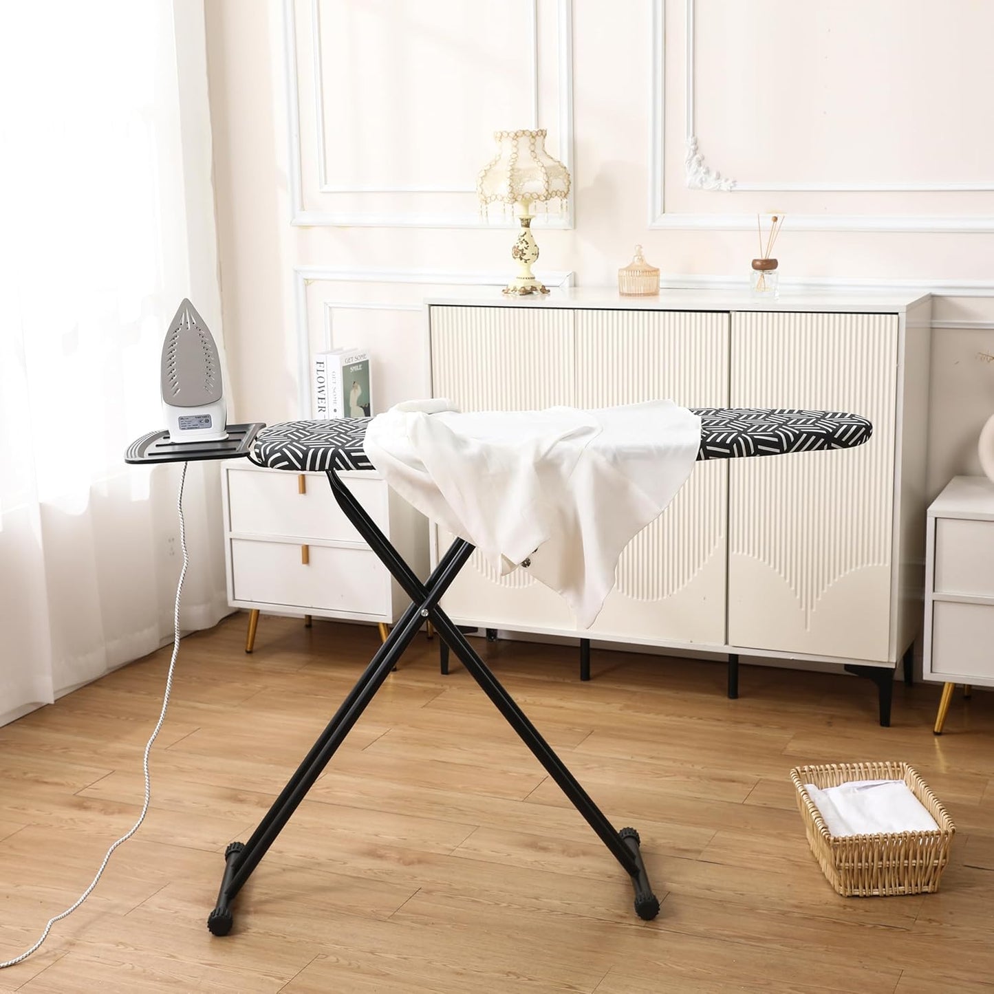 caius Ironing Board with Steam Iron Rest, 43"x13" Extra Thick Padded Cover, Compact and Space Saver Iron Board Full Size, Easy to Fold, Adjustable Height, Sturdy Metal Frame