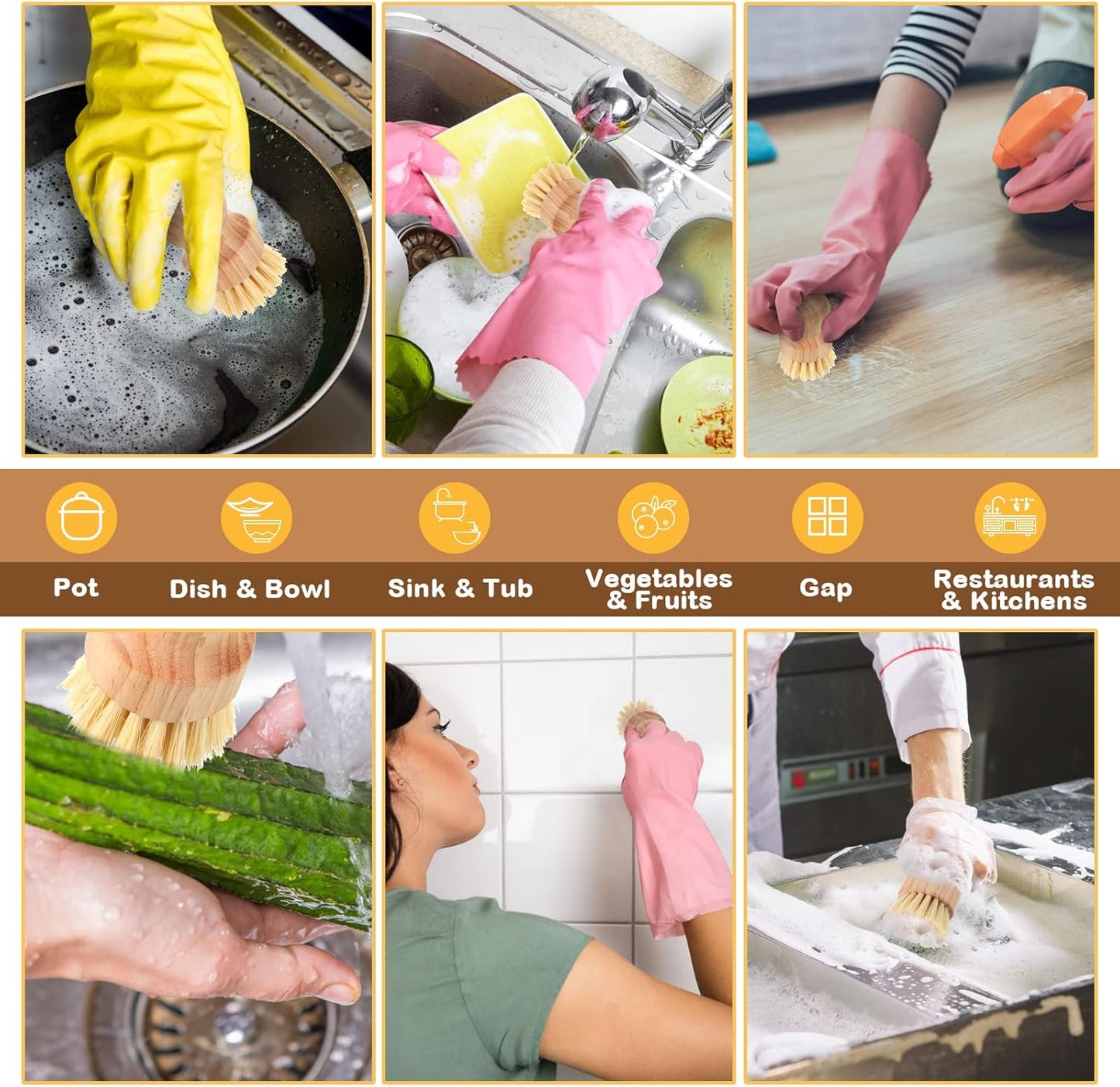 Nuenen 6 Packs Bamboo Dish Scrub Brushes Wooden Scrubbers Set Kitchen Dishwashing Scrubber with Natural Sisal Bristles for Iron Pot Pan Sink