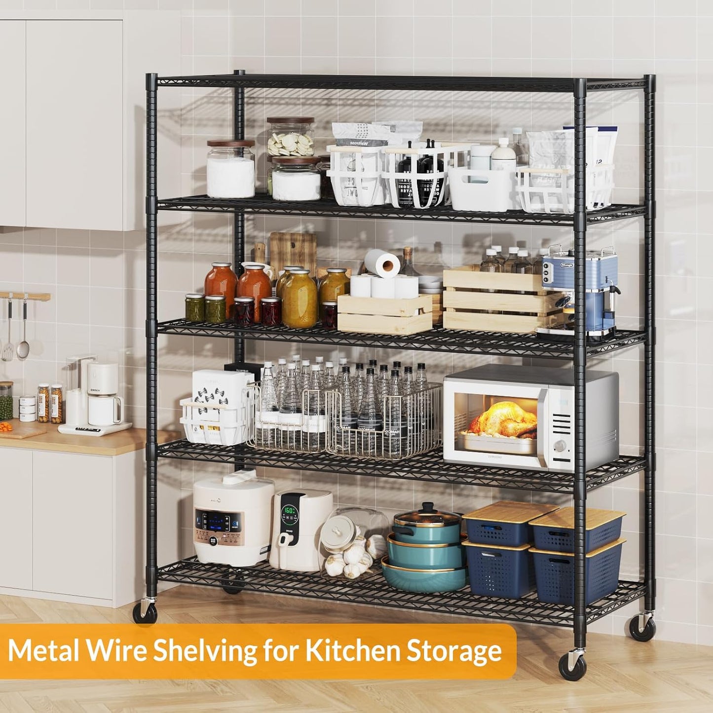 Himimi Storage Shelves with Wheels, 5-Tier Heavy Duty Steel Wire Rack Storage Shelving, Adjustable Metal Storage Shelves for Garage Kitchen Pantry Bathroom Laundry 18" D*60" W*82" H, Black