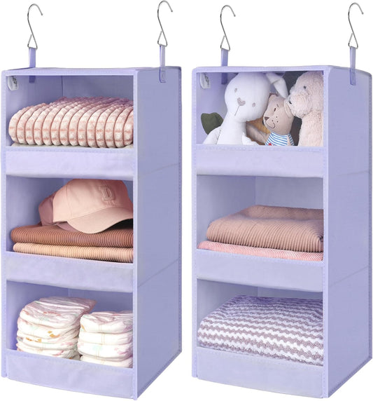 GRANNY SAYS 3 Shelf Hanging Closet Organizers and Storage, Collapsible Closet Storage Organizer with 2 Metal Hooks, Leak-Proof Hanging Shelves for Closet, Dorm Room, Nursery, 2 Pack, Purple