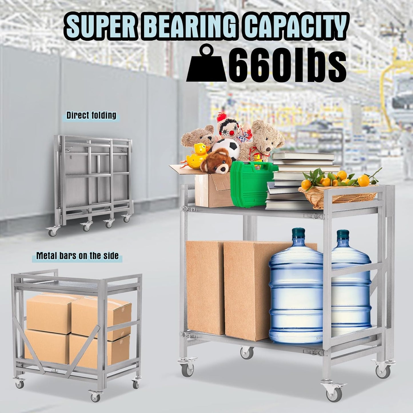 2 Shelf Rolling Cart with Wheels, 660lbs Capacity Collapsible Steel Rolling Utility Cart, Heavy-Duty Foldable Workbench, Metal Rolling Storage Cart with Handle for Groceries, Warehouse (36" Lx26 W)