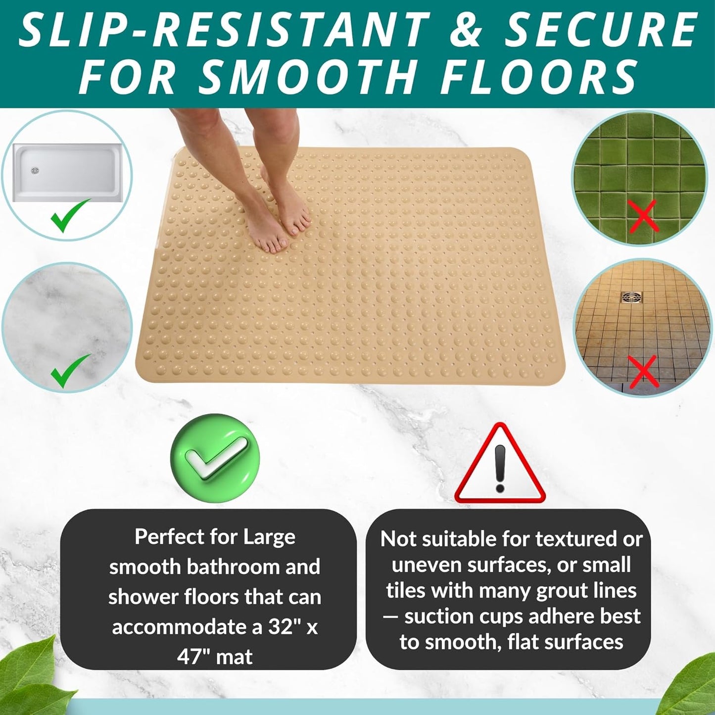 ENKOSI Extra Large Shower Mat Non Slip - 47 x 32 inch - XL Bathroom Shower Mat - Large Shower Mats for Shower Stall Floors - Secure Suction Cups and Drain Holes (47x32 Beige Opaque)