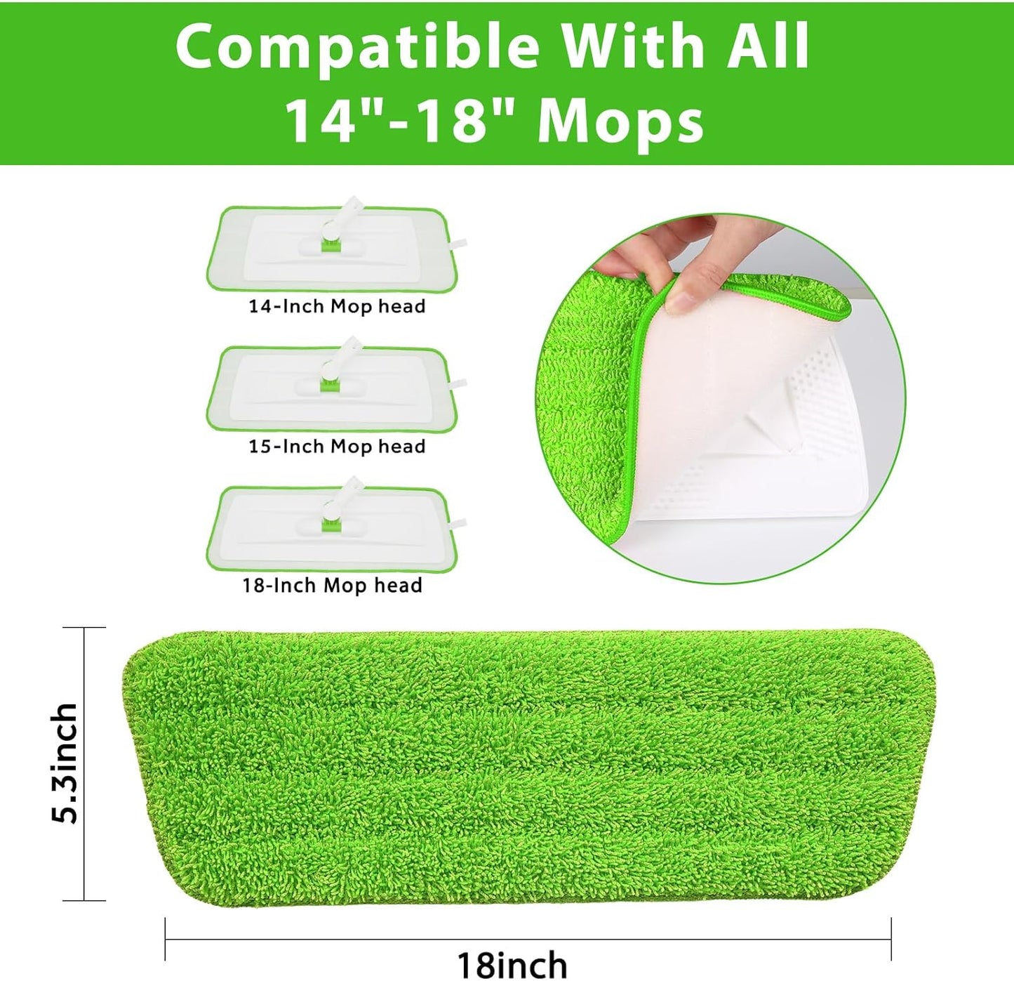 18 inch Mop Pads Refills, 3 Pack Microfiber Reusable Replacement Mop Pads Flat Replacements Heads for Wet Or Dry Floor Cleaning and Scrubbing, Green Cloth