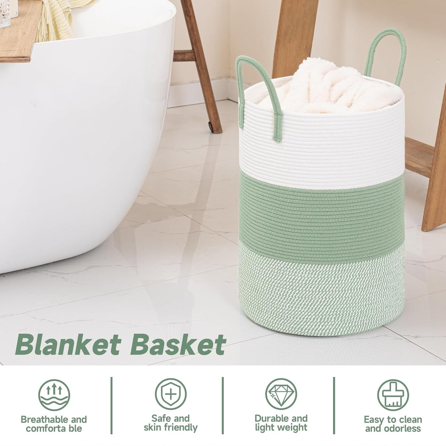 CLHMILY&Z 40L Laundry Basket Round Storage Rope Basket - 13x18 Inches - Green Hamper in Bedreoom and Cute Storage Bin for Blankets, Toys, and Nursery Essentials