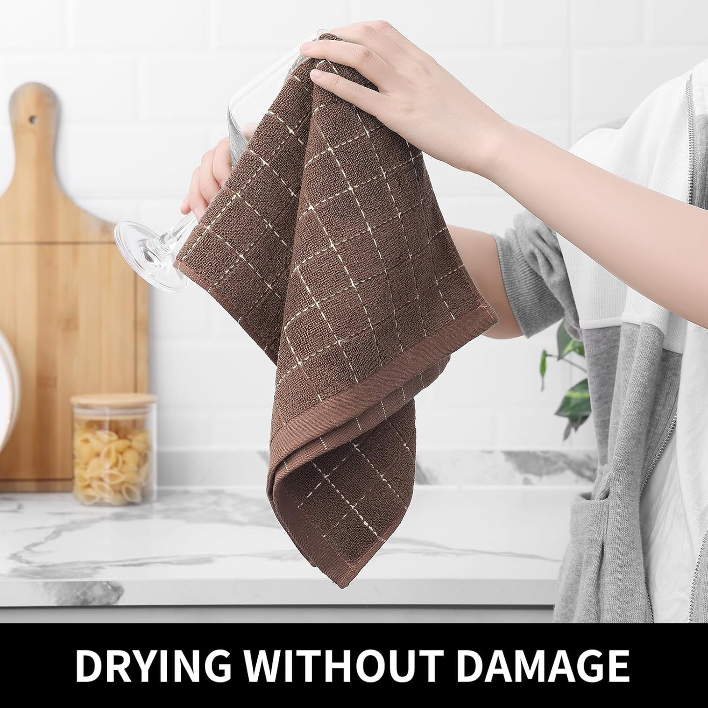 Homaxy 100% Cotton Terry Kitchen Towels(Brown, 13 x 28 inches), Checkered Designed, Soft and Super Absorbent Dish Towels, 4 Pack