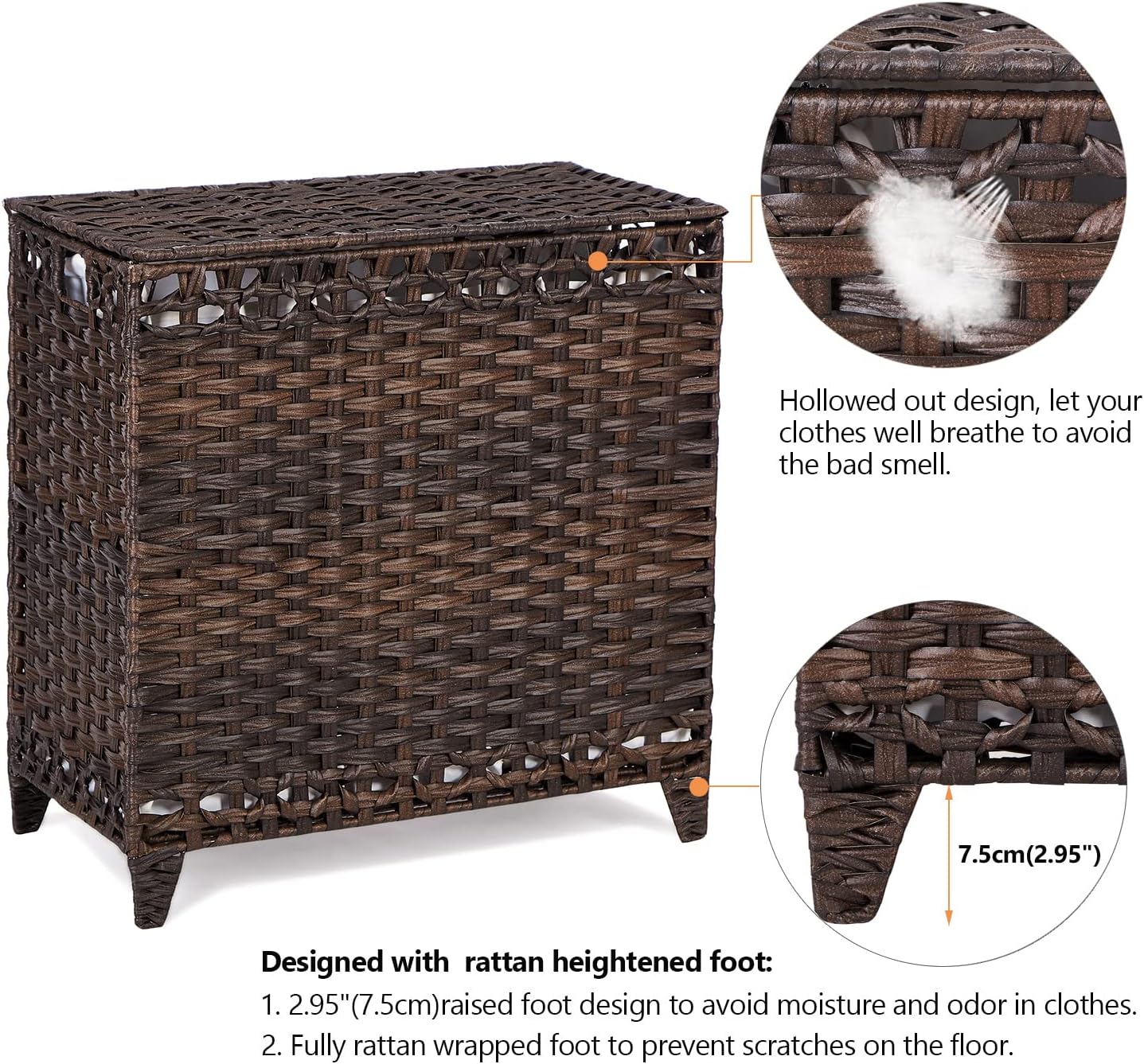Laundry Hamper with 3 Removable Liner Bags; 132L Handwoven Rattan Laundry Basket with Lid & Heightened Feet; Clothes Hamper with Side Handles; Laundry Sorter with 3 Separate Sections (Brown)