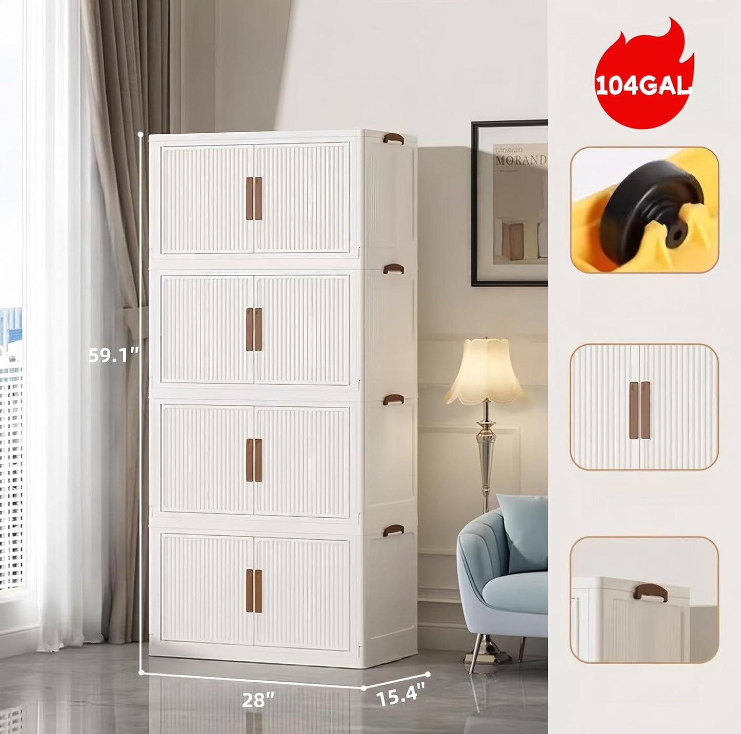 Stackable Storage Bins with Lid 44Gal/176QT Plastic Collapsible Storage Cabinet 4 Tiers Foldable clothes Organizers and Storage bins with Wheels and Doors for Home Office White