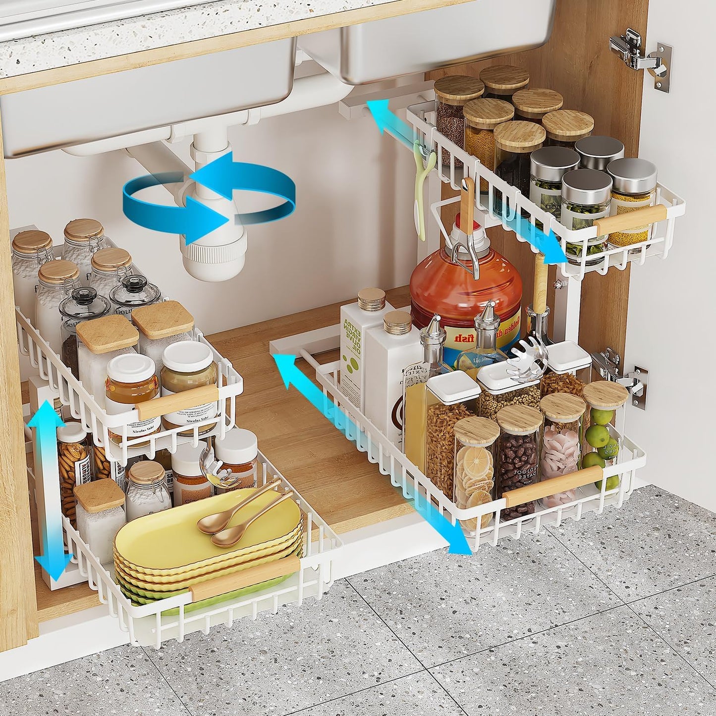 Under Sink Organizer, 2 Tier Slide Out Under Sink Organizers and Storage, Height Adjustable Pull out under cabinet storage, Metal Bathroom Kitchen Sink Organizer，2 Pack