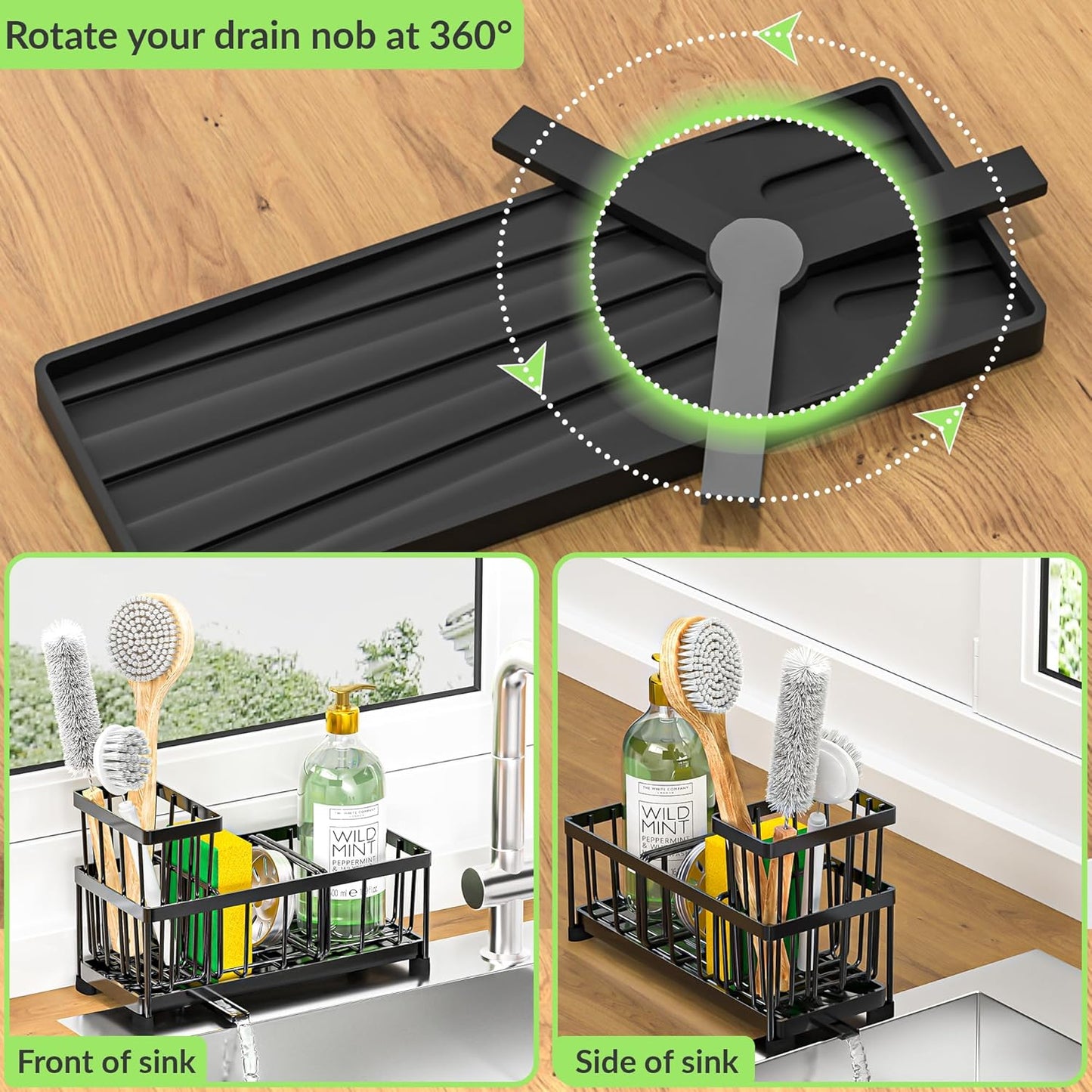 Black Sponge Holder for Kitchen Sink, Self-Draining Kitchen Sink Organizer with High Brush and Dishcloth Holder,304 Stainless Steel, Rustproof, Soap Caddy Dispenser for Countertop