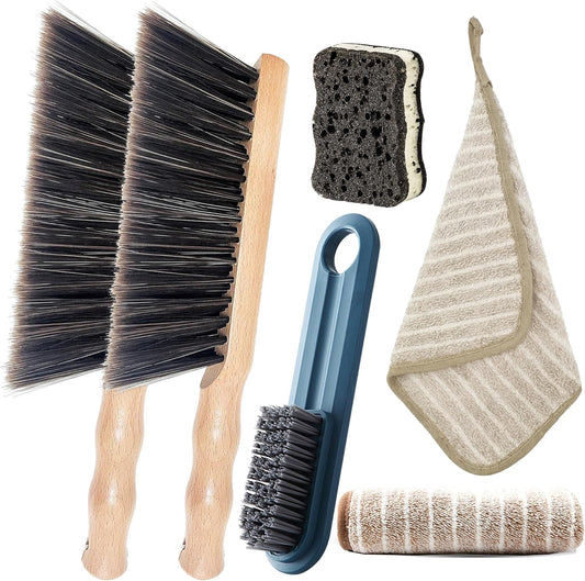 6Pcs Hand Broom Brush Beech Wood,Dust Brush,Duster for Counter,12inch Foxtail Bench Brush, Round Handle Handheld Brushes,5 Rows Soft Bristles for Bed,Shop Table,Woodworking Cleaning,Car,Sofa