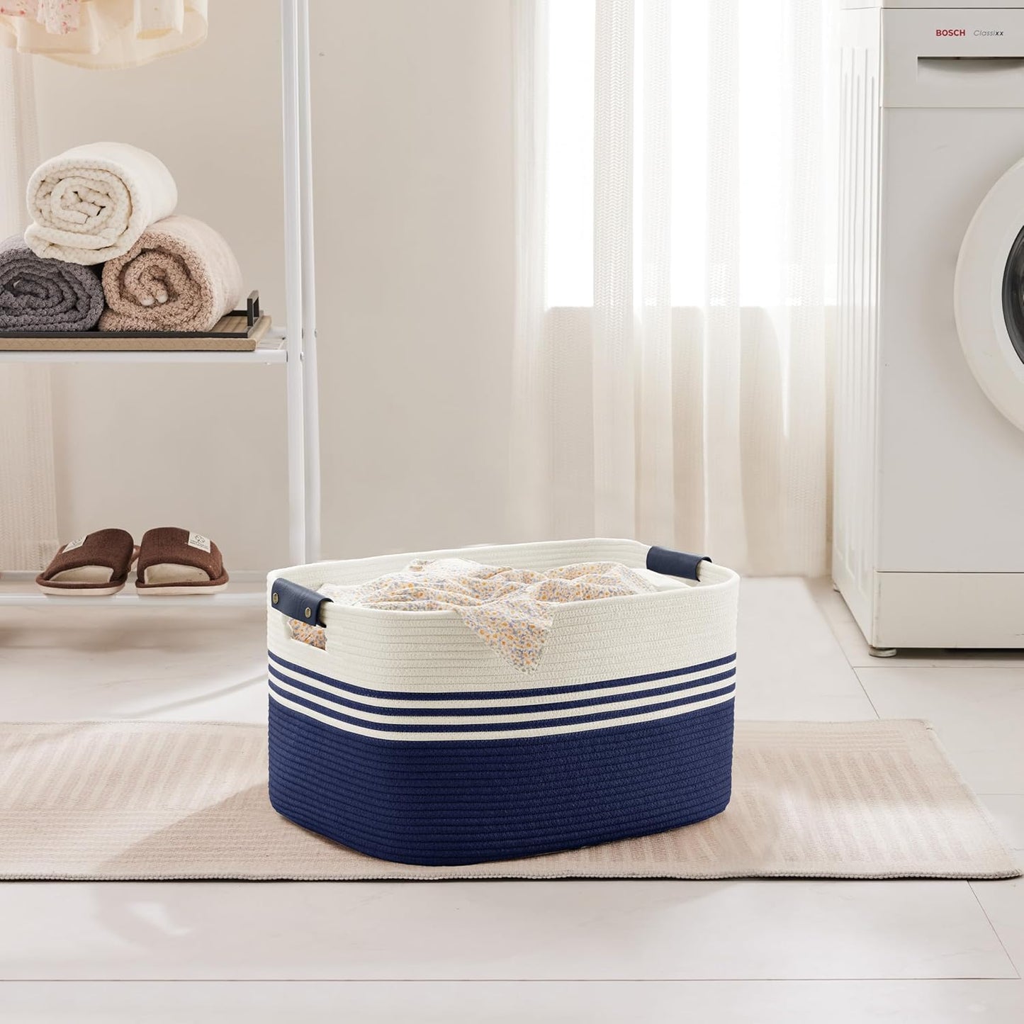 45L Small Laundry Basket with Leather Handles for Living Room Storage, Woven Rope Baskets Bin for Blanket, Kids Toy, Gifts, Wicker Hamper for Bedroom Dirty Clothes, 18"x14"x11" White Navy