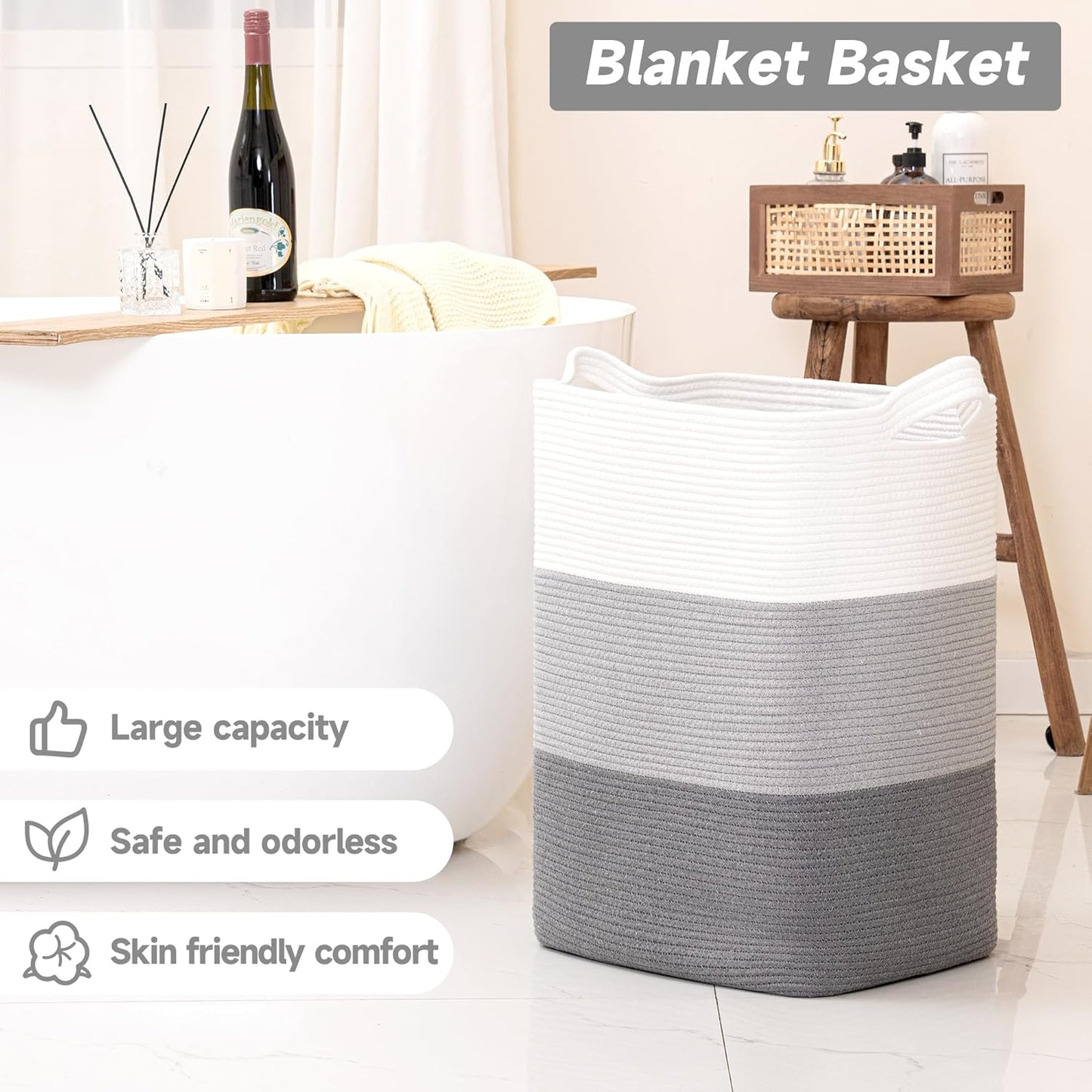CLHMILY&Z 95L Laundry Basket Rectangular Grey Rope - 16x15x24 Inches - Dirty Clothes and Soft Storage Bin for Blankets, Toys, and Nursery Essentials