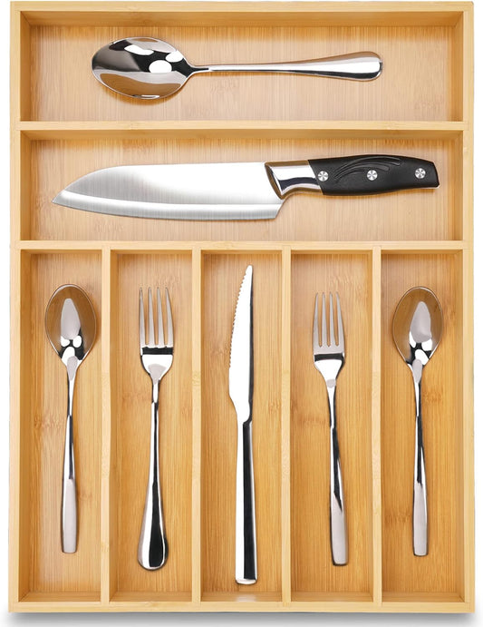 Silverware Organizer Bamboo Kitchen Drawer Organizer Utensil Organizer Silverware Holder Cutlery Organizer in drawer Flatware Organizer Tray (Natural 7 Slots)