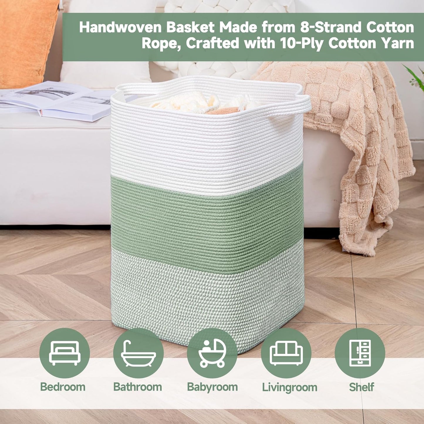 CLHMILY&Z 75L Laundry Basket Rectangular Green Rope - 16x13x22 Inches - Dirty Clothes and Soft Storage Bin for Blankets, Toys, and Nursery Essentials