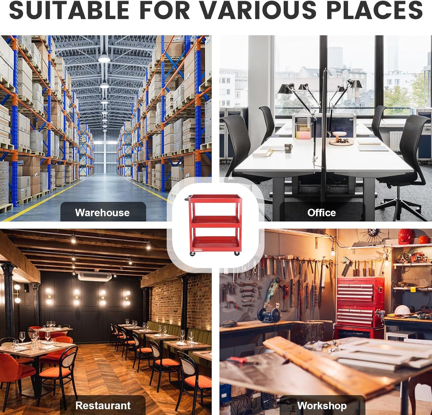 3-Tier Commercial Utility Cart with Brake Wheels, Sturdy Steel Construction, 110 lbs Capacity, Red