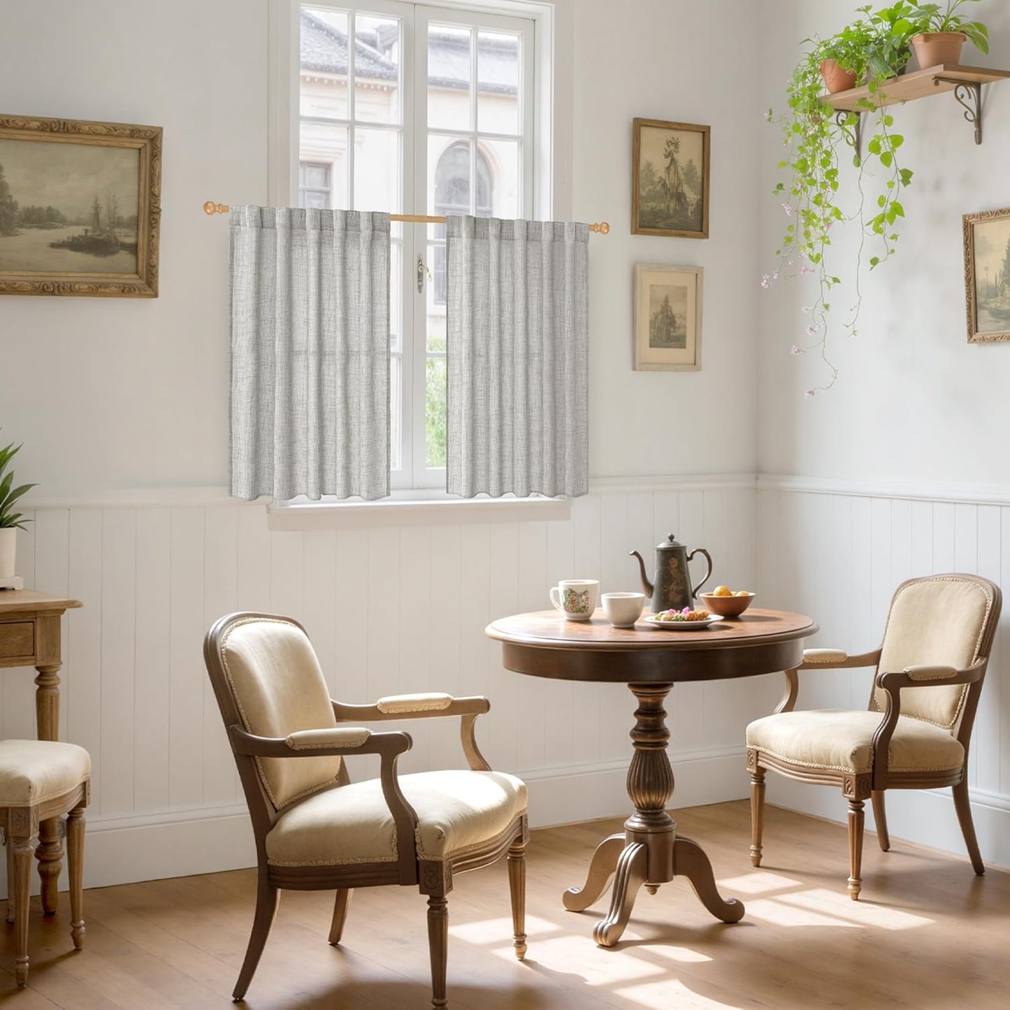 YoungsTex Light Grey Linen Curtains 40 Inches Long for Kitchen Cafe Window, Short Length Semi Sheer Drapes Back Tab Rod Pocket Light Filtering for Bathroom Bedroom, 2 Panels, 42 X 40 Inch