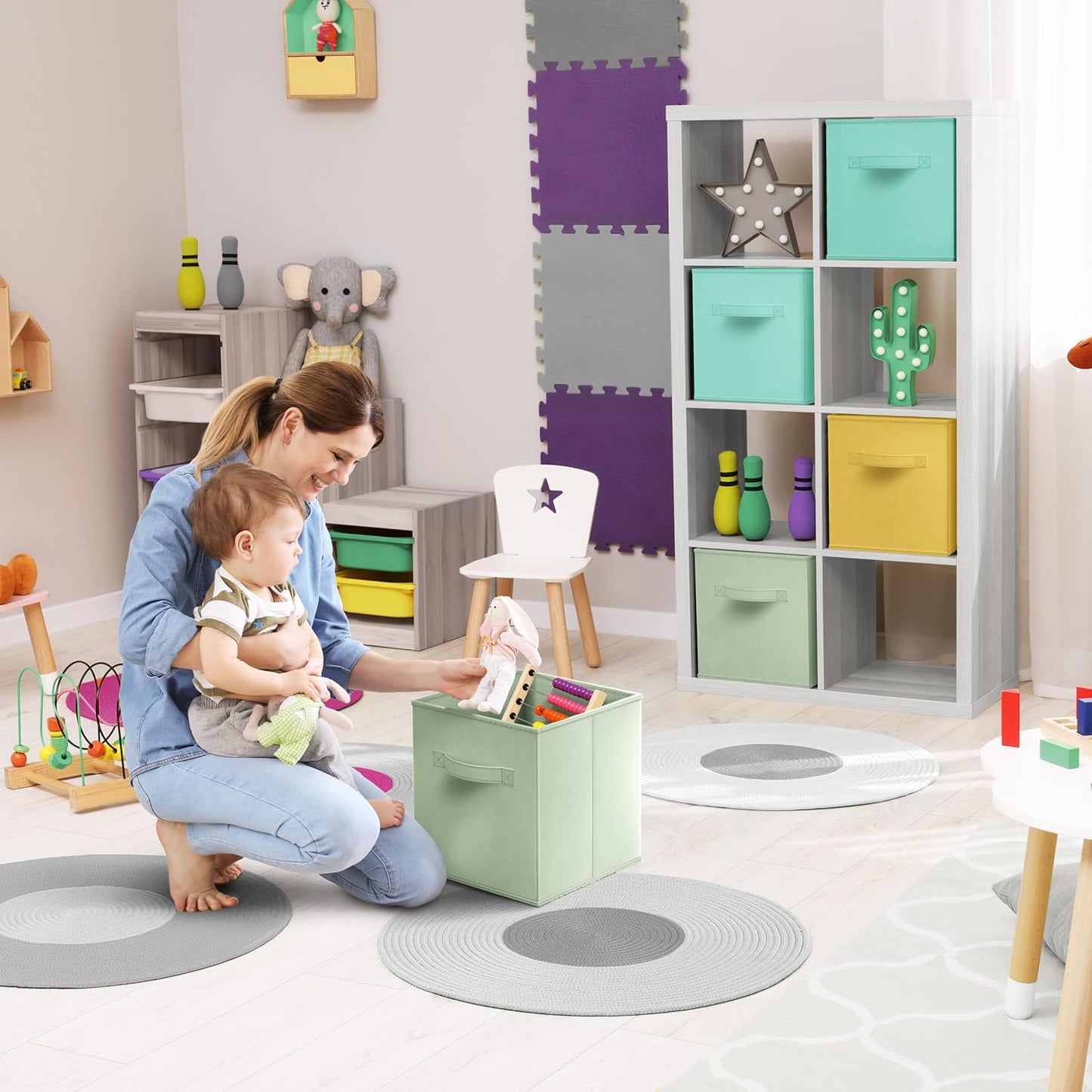 Sorbus Storage Cubes - 11" Foldable Storage Bins with Handle for Nursery, Playroom, Closet Organizers and Storage - 6 Fabric Shelf Basket for Toys, Books, Clothes - Green Yellow & Blue Storage Bins