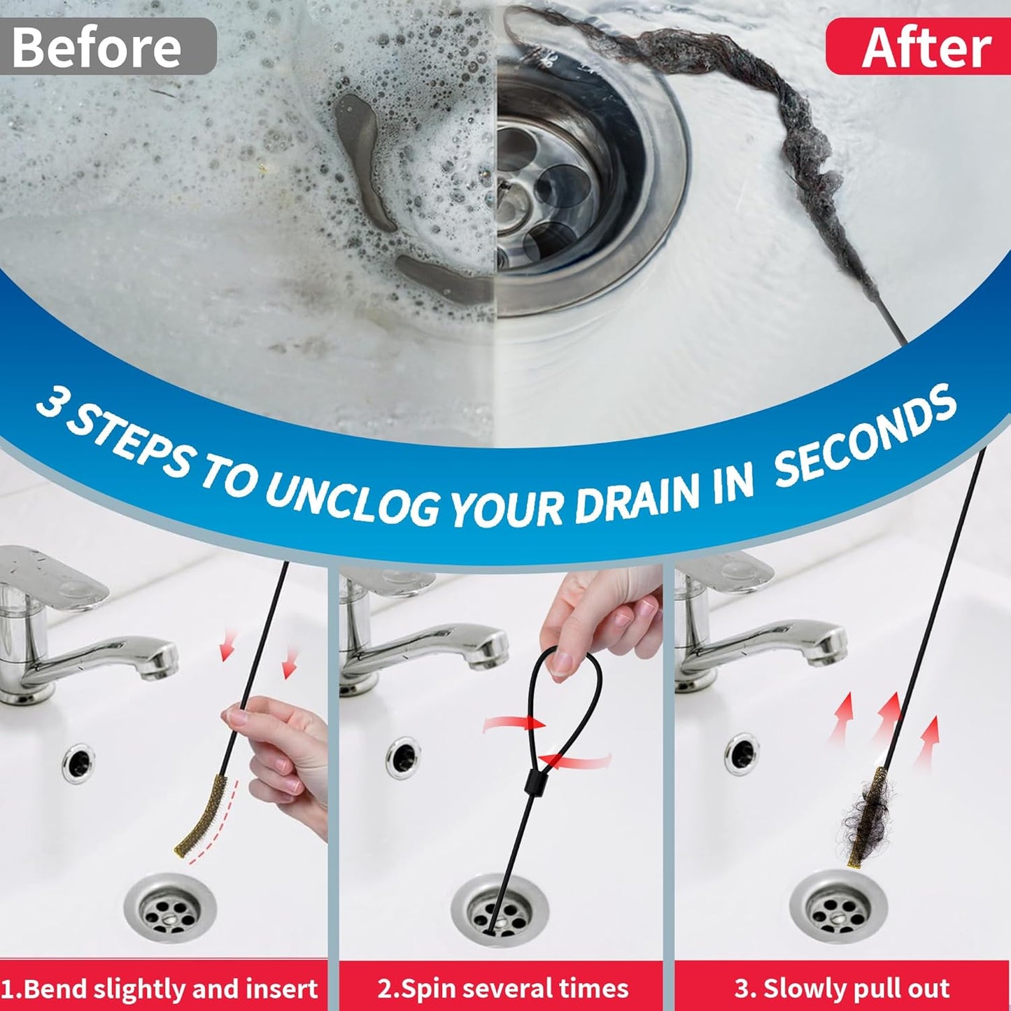 30 Inches Drain Snake Hair Clog Remover, Upgraded Anti-break Metal Plumbing Snake with Nylon Layer, Drain Hair Remover for Shower Drain, Bathroom Clogs, Kitchen Sink Drain Cleaning(5 Pack)