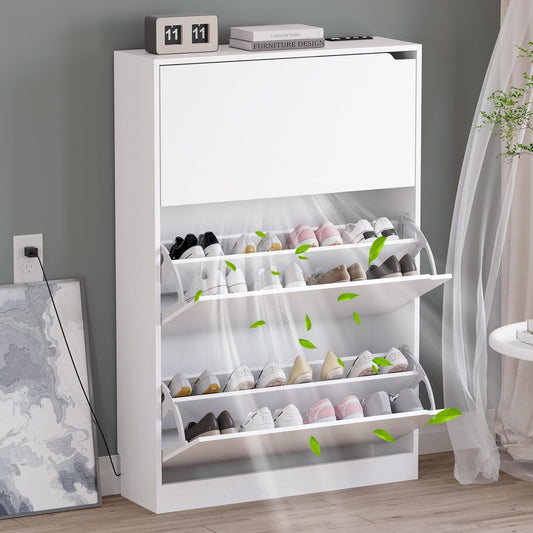 Shoe Cabinet with Odor Control and Back Panels, Deodorizing Slim 3-Flip Shoe Storage Cabinet for Entryway, Freestanding Hidden Shoe Rack Organizer for Entrance, Hallway, Bedroom