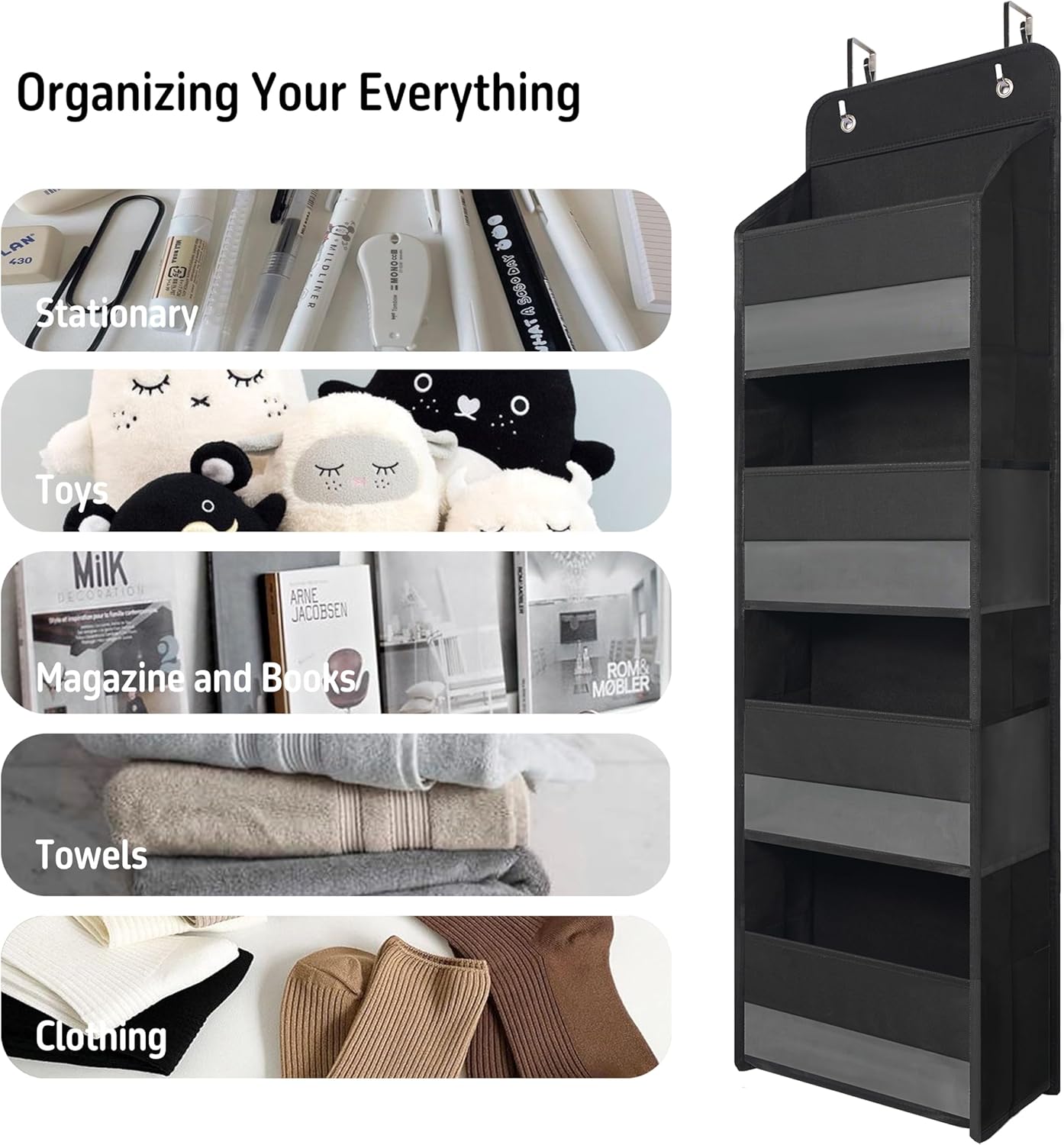 Over The Door Hanging Organizer with 4 Large Pockets – Closet, Bathroom, Nursery, Bedroom, Dorm Storage for Toys, Cosmetics, and Baby Essentials, Black