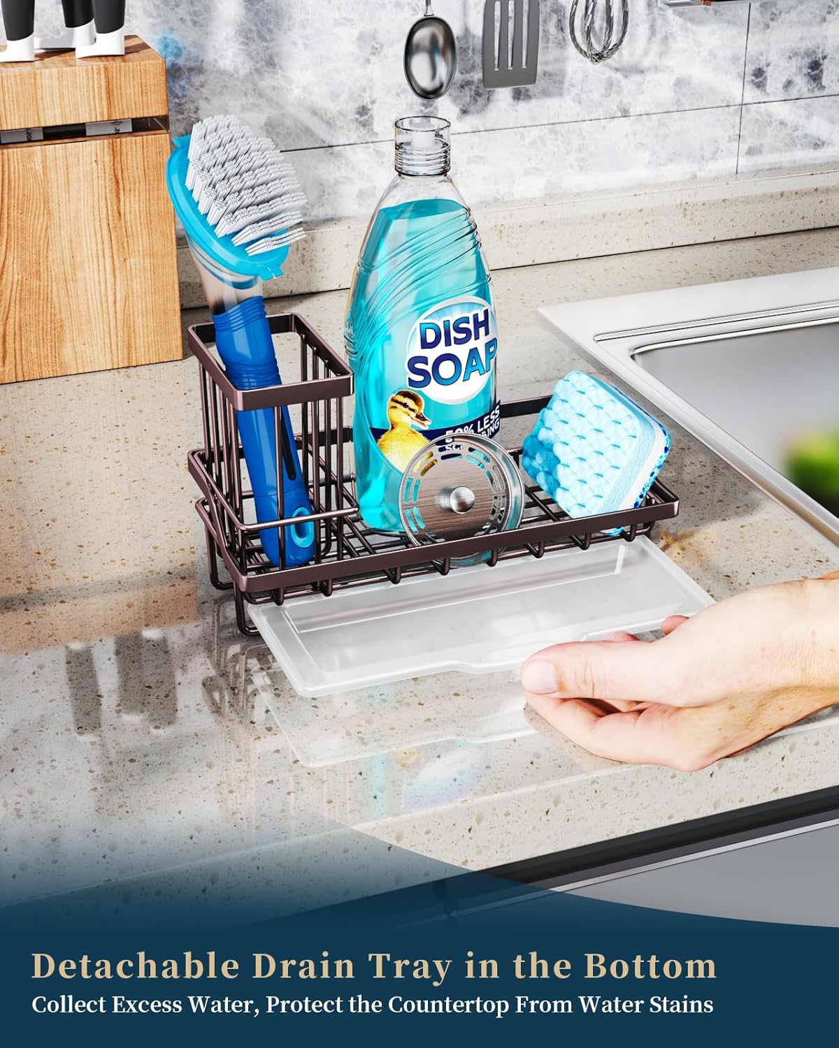 Consumest Sink Caddy Kitchen Organizer, Sponge Holder for Kitchen Sink with Removable Drip Tray for Countertop Dish Soap Holder Dispenser Brush Holder, 304 Stainless Steel - Bronze