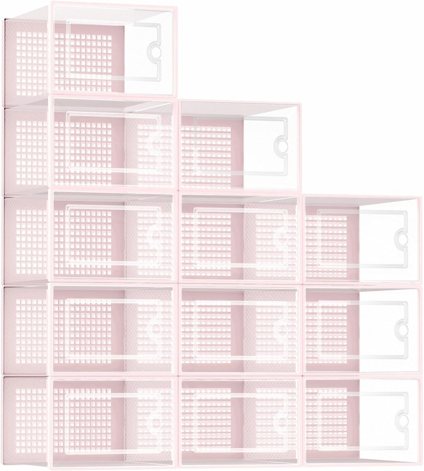 Kuject Shoe Organizers Storage Boxes for Closet, 12 Pack Clear Plastic Stackable Storage Bins with Lids, Under Bed Shoe Containers for Entryway, Drop Front, Fit up to Women's Size 10,Pink