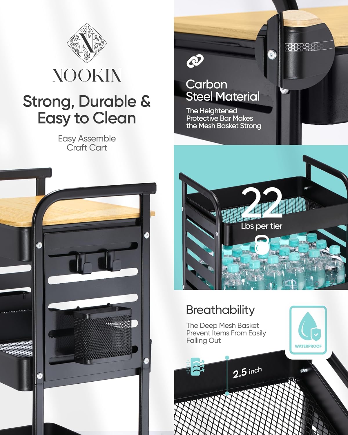 Art Cart with Tabletop & Pegboard - 3-Tier Rolling Utility Cart with Wheels, 2 Baskets & 6 Hooks - Metal Storage Organizer for Home, Office, Crafting & Kids’ Art Supplies (Black)