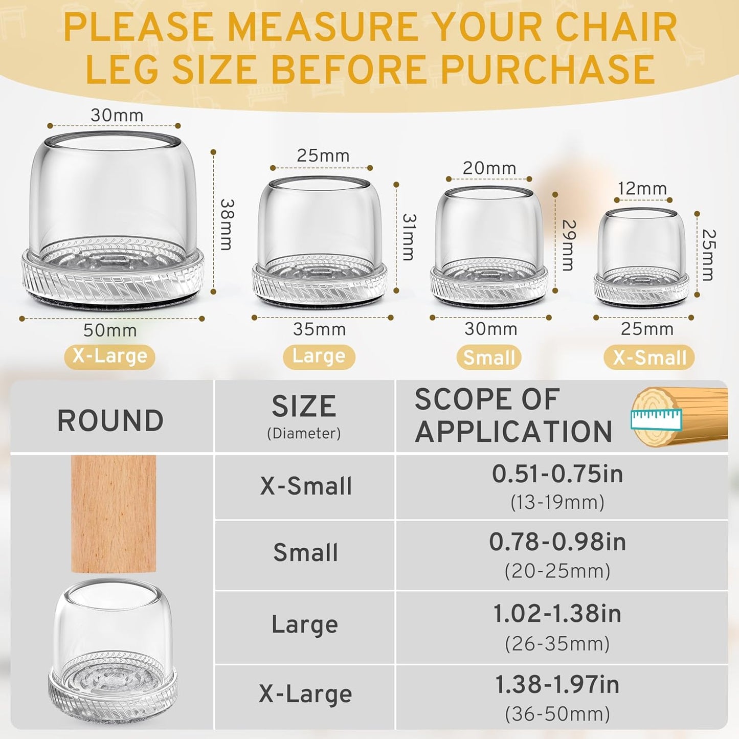 24PCS Round Chair Leg Floor Protectors, Furniture Sliders, Chair Leg Protectors for Hardwood Floors, Non-Slip Felt Furniture Pads, Silicone Cap Covers to Protect Floors, (Fit 0.75" - 1.1")