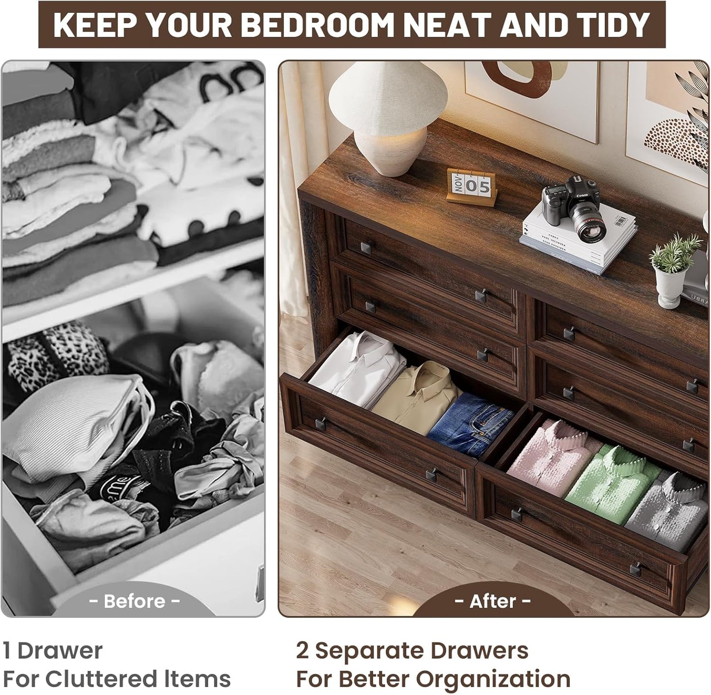 Farmhouse Walnut 6 Drawers Dresser for Bedroom, 52" Wide Chest of Drawers with Metal Knobs, Vintage Wooden Dresser TV Stand, Closet Drawer Organizer for Bedroom, Nursery