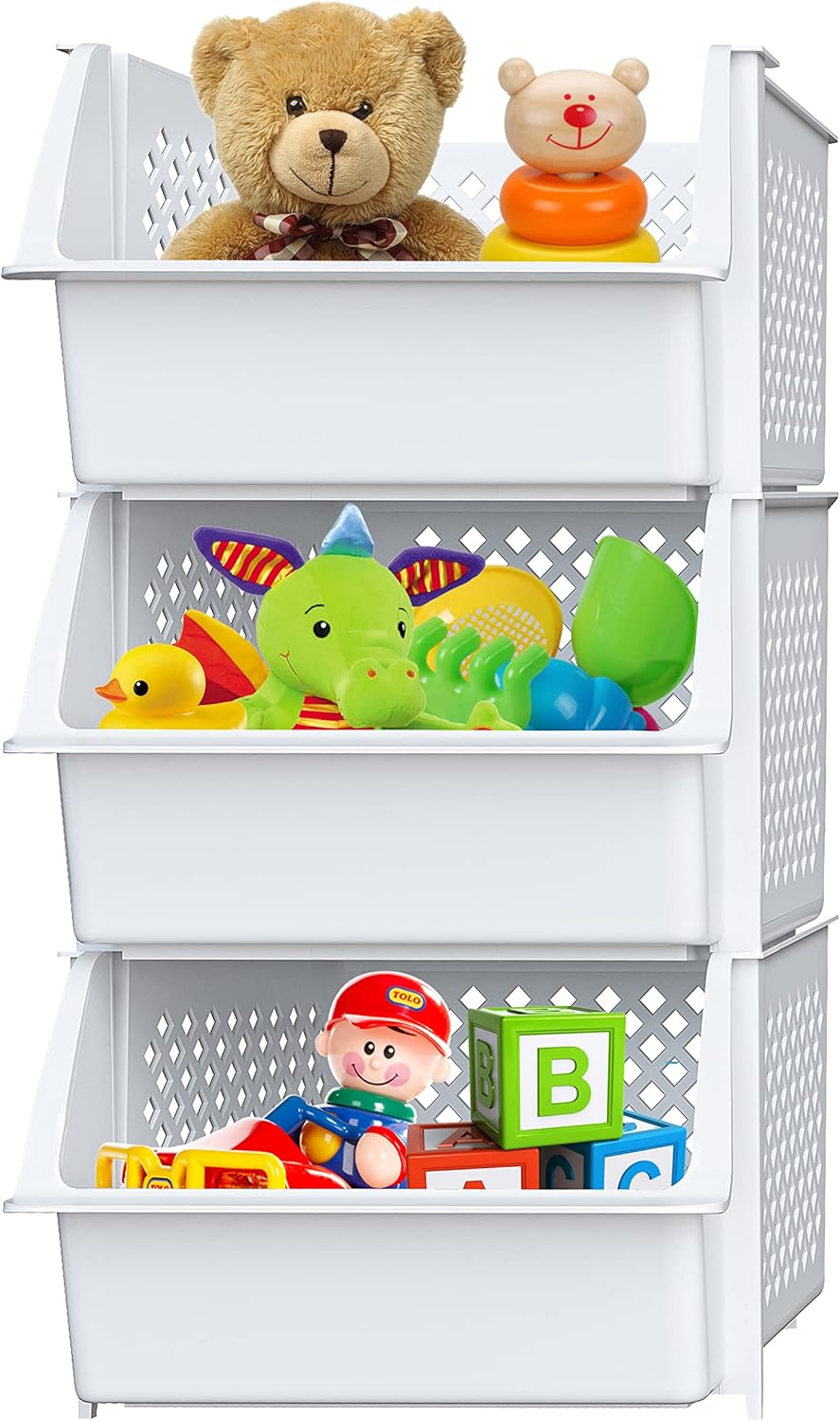 Skywin TidyFriend Plastic Stackable Storage Bins for Pantry, 3 Pack White Stackable Bins For Organizing Food, Kitchen, and Bathroom Essentials (White)