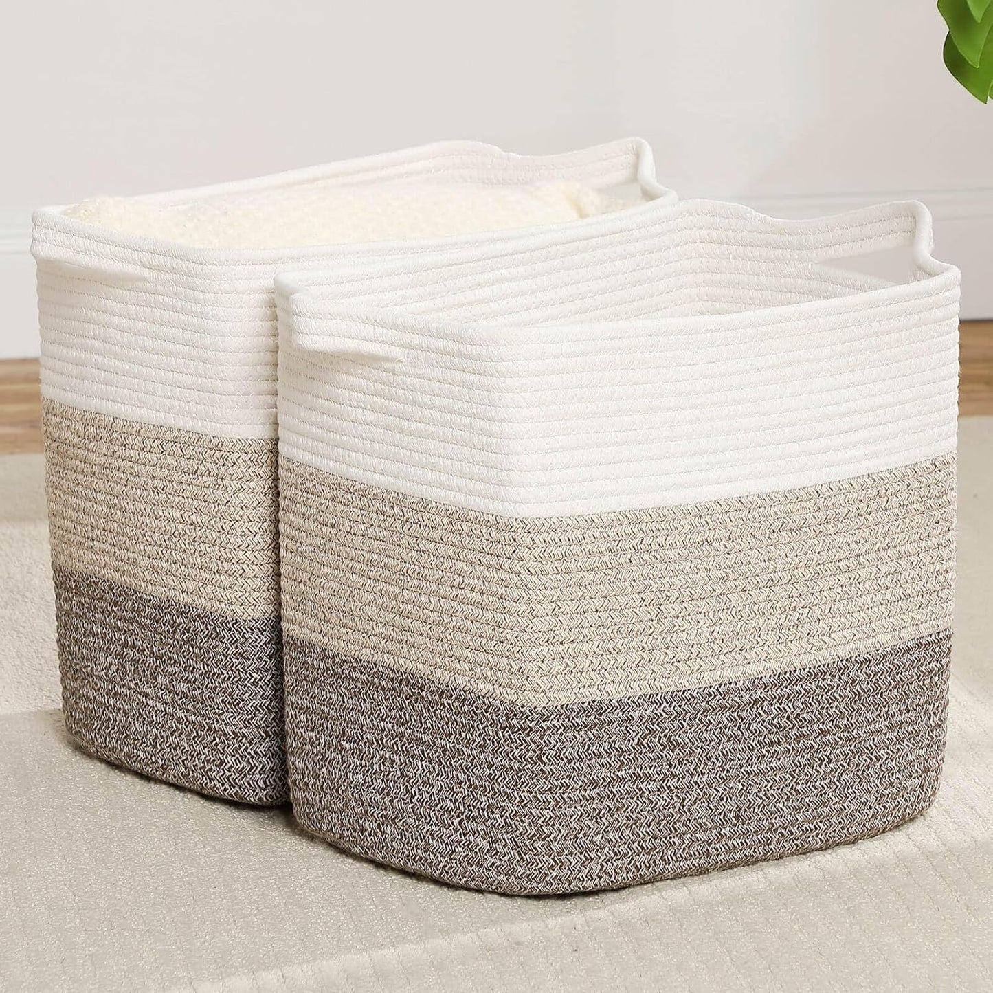 Storage Baskets for Clothes Fabric Cotton Rope Storage Basket with Handles, Decorative Woven Basket for Living Room,Closet Organizer Blankets, and 2bags (Gradient Brown, L14×W11×H14)