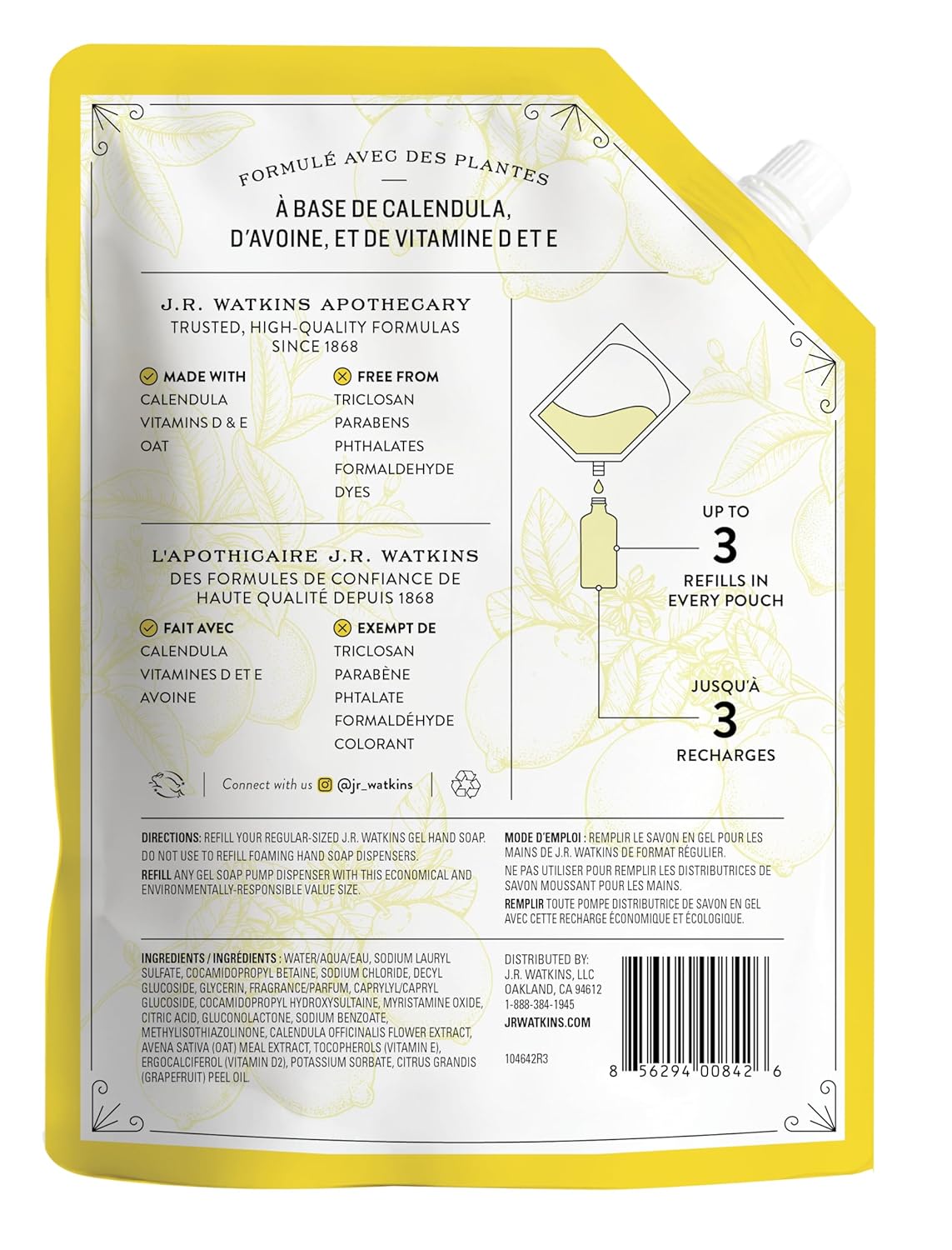 J.R. Watkins Liquid Hand Soap Lemon Refill, 34 Fl Oz