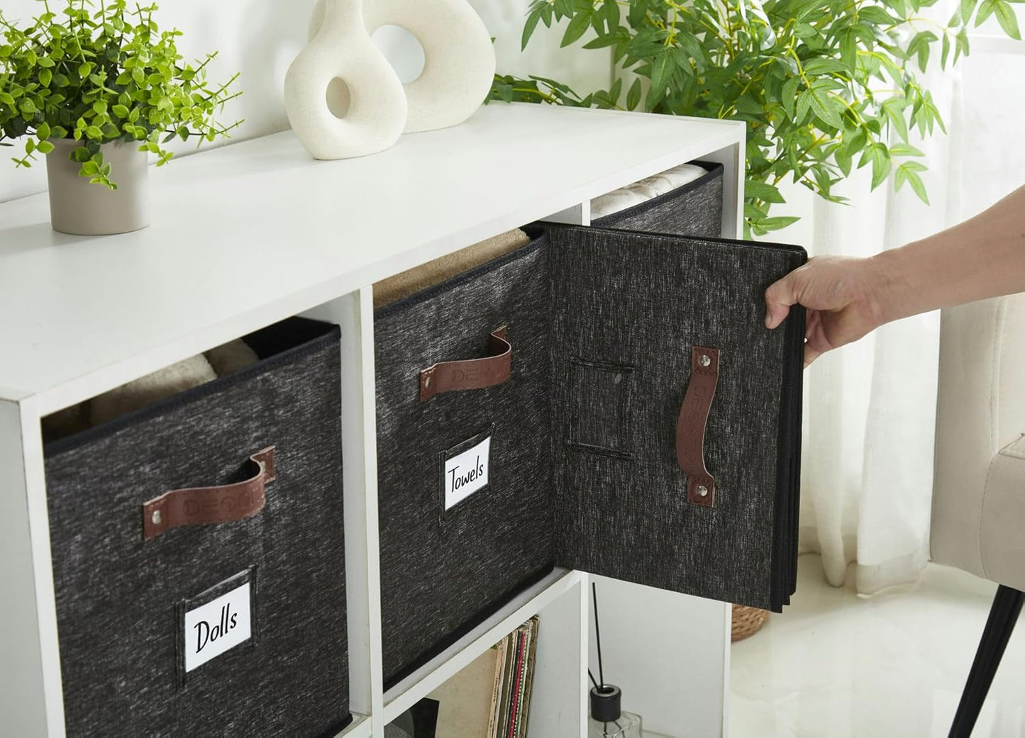 DECOMOMO Storage Baskets, 13x15x13 Storage Cube Bins with Labels for Organizing Shelves Kallax (Kallax / 4pcs, Black Pattern)