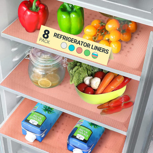 Refrigerator Liners for Shelves (8 Pack) by Linda’s Essentials - Non-Adhesive Shelf or Drawer Liner, BPA-Free Fridge Mats for Kitchen & Cabinets, Easy to Clean, Ideal Household Essentials (Pink)