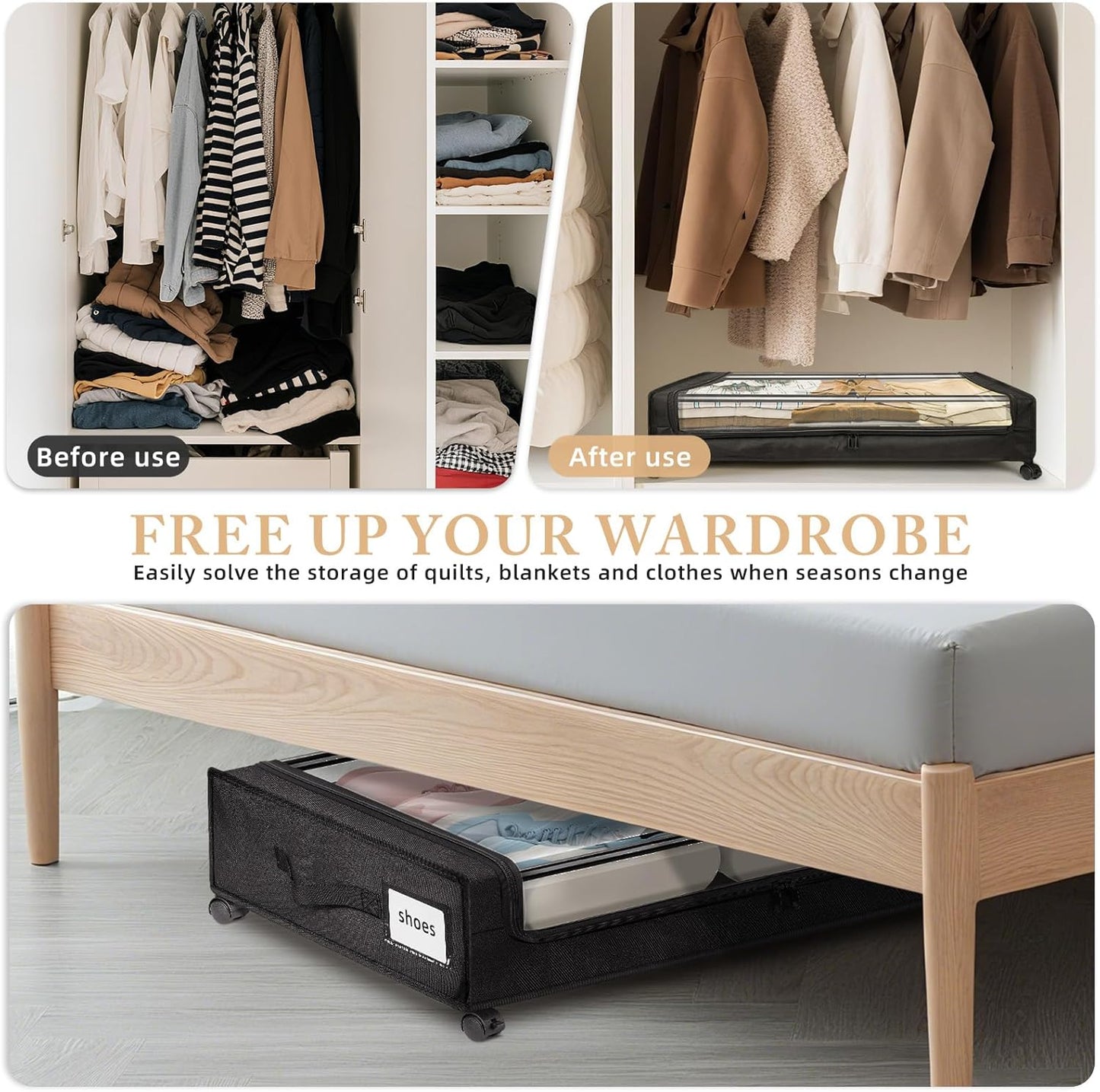 Under Bed Storage with Wheels 2-Pack，Under Bed Storage Containers XXL，Underbed Shoes Storage with Clear Lid,Rolling UnderBed Metal Drawer for Clothes Blankets Easy Pull-out Black