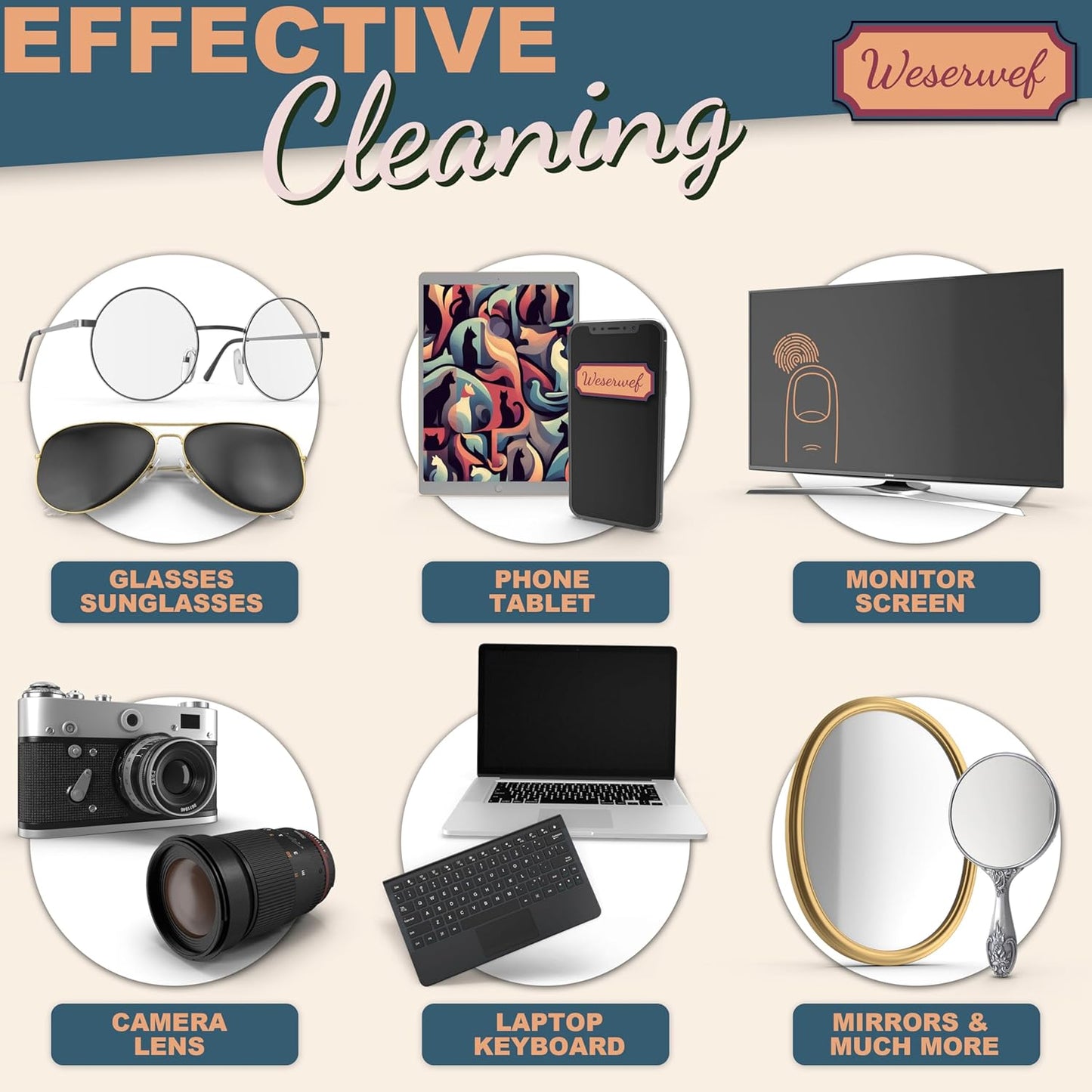 WESERWEF Design Microfiber Glasses Cleaning Cloth – Premium Cleaning Cloth for Eyeglasses, Screens, Tablets, Cameras & Lenses, 12" x 12", Ultra-Soft & Scratch-Free (Cats)