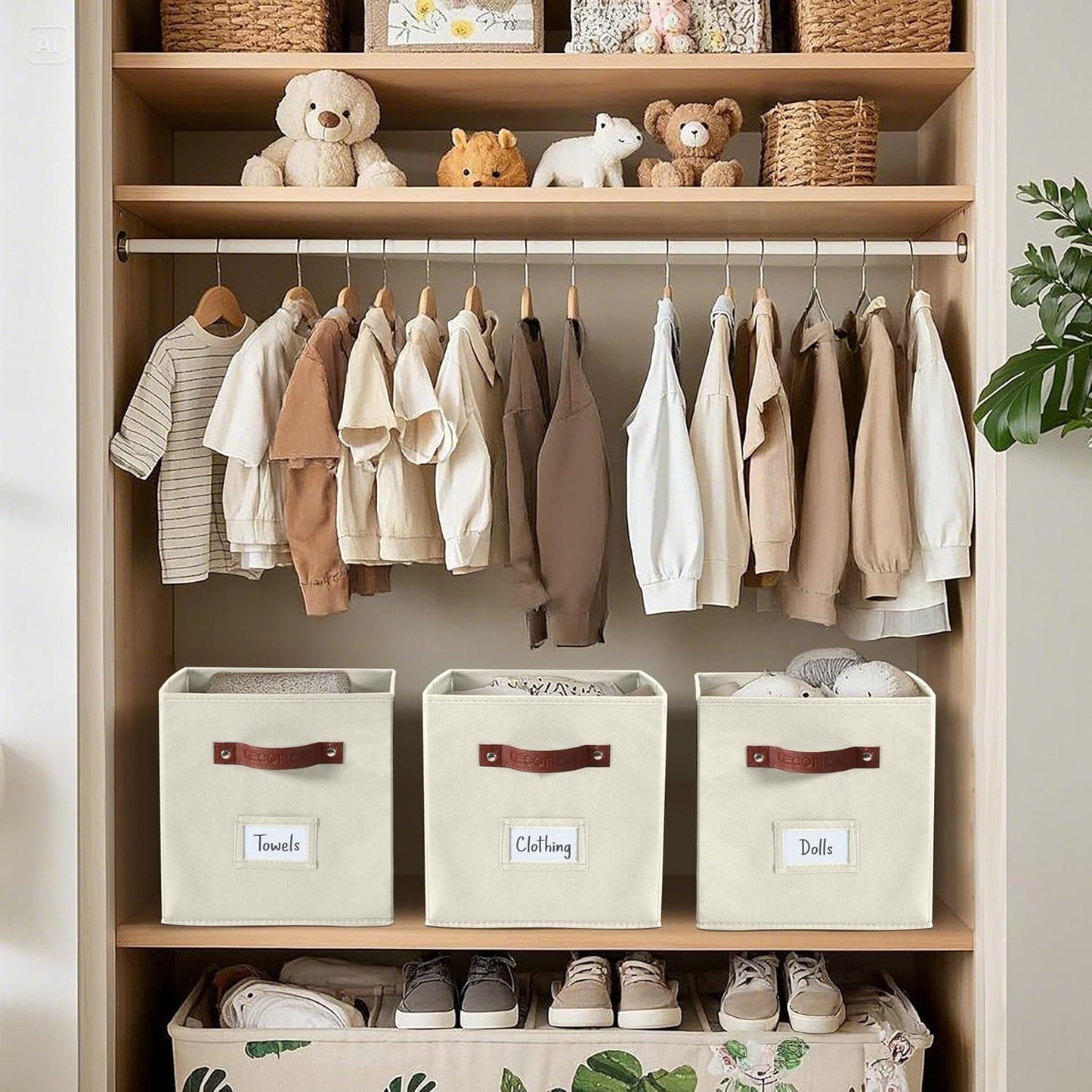 DECOMOMO Storage Bins, Cube Storage Bin with Labels, Fabric Storage Cubes for Shelves (10.5" x 11" / 6pcs, Beige)