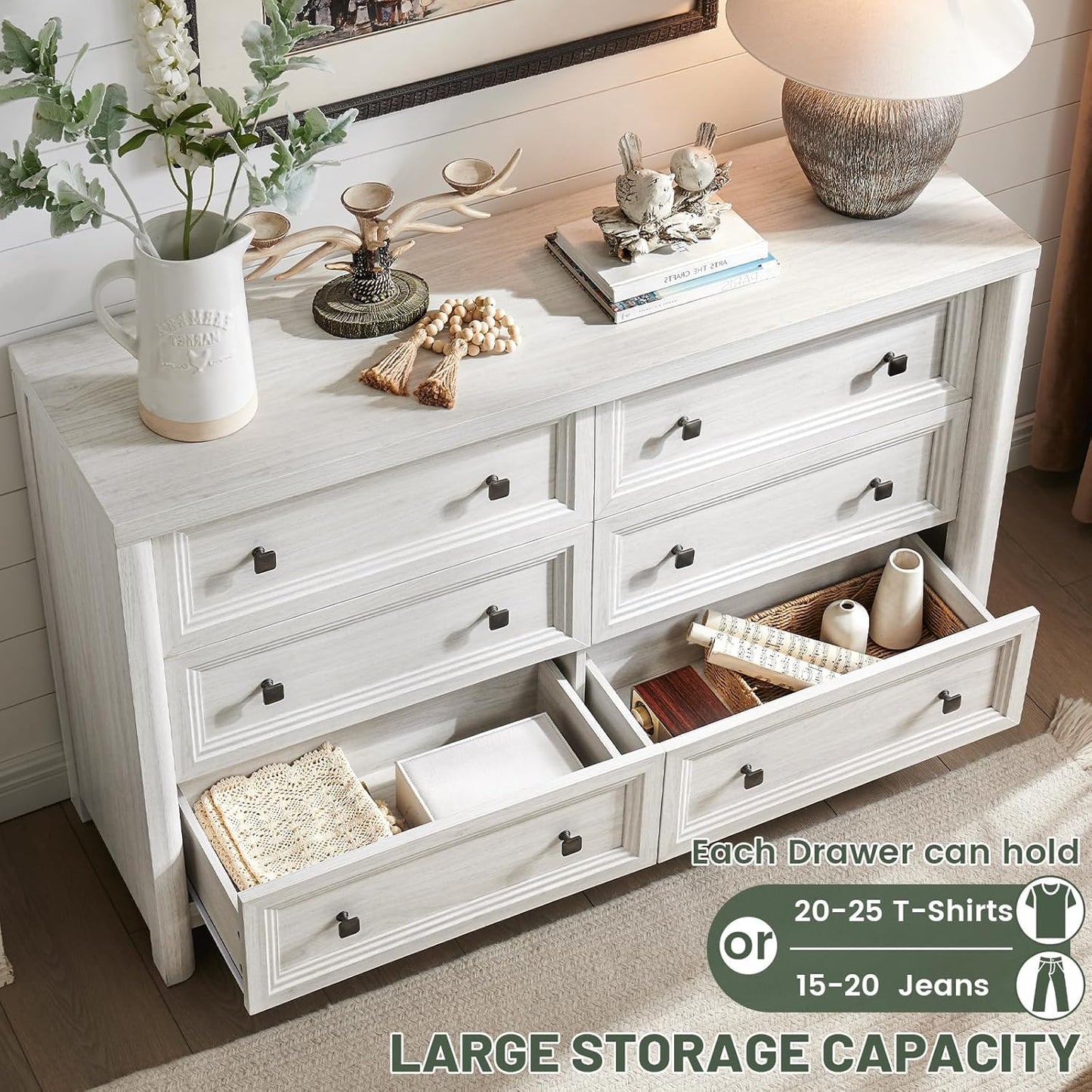 Farmhouse 6 Drawers Dresser for Bedroom, White Dressers, 52" Wide Rustic Wood Chest of Drawers with Natural Texture, Metal Handle, Storage Closet Dressers for Bedroom, Living Room
