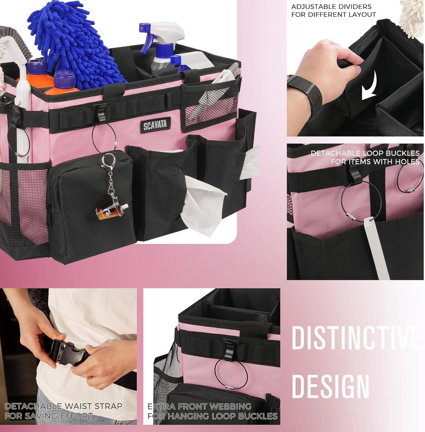 Wearable Cleaning Caddy Bag, Cleaning Caddy Supplies Organizer with Handle & Shoulder Straps for Housekeepers, Under Sink & Car Cleaning Tool Organizers with 4 Foldable Divider (SweetPink)
