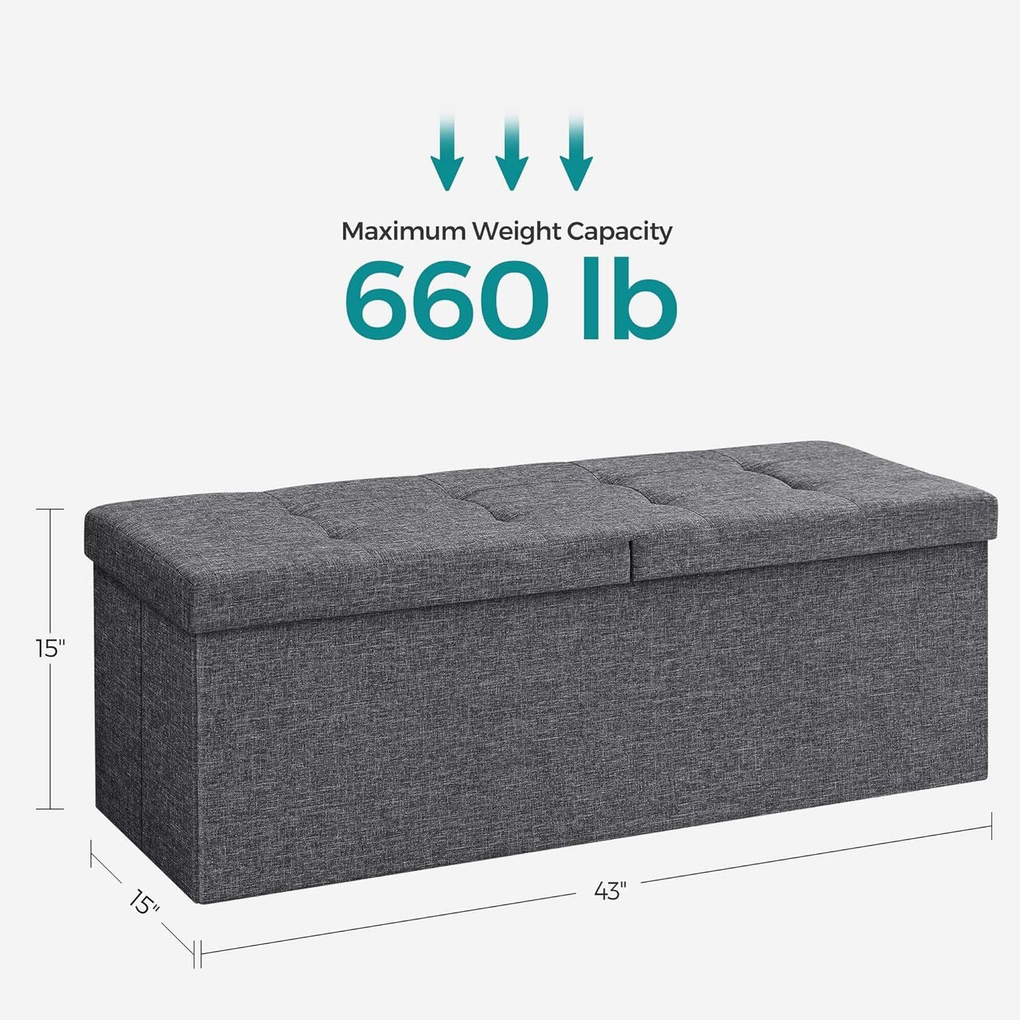 SONGMICS MAZIE Collection - 43 Inches Storage Ottoman, Foldable Storage Bench with Flipping Lid, 660 lb Load Capacity, for Entryway, Living Room, Bedroom, Dark Gray ULSF76GYZ