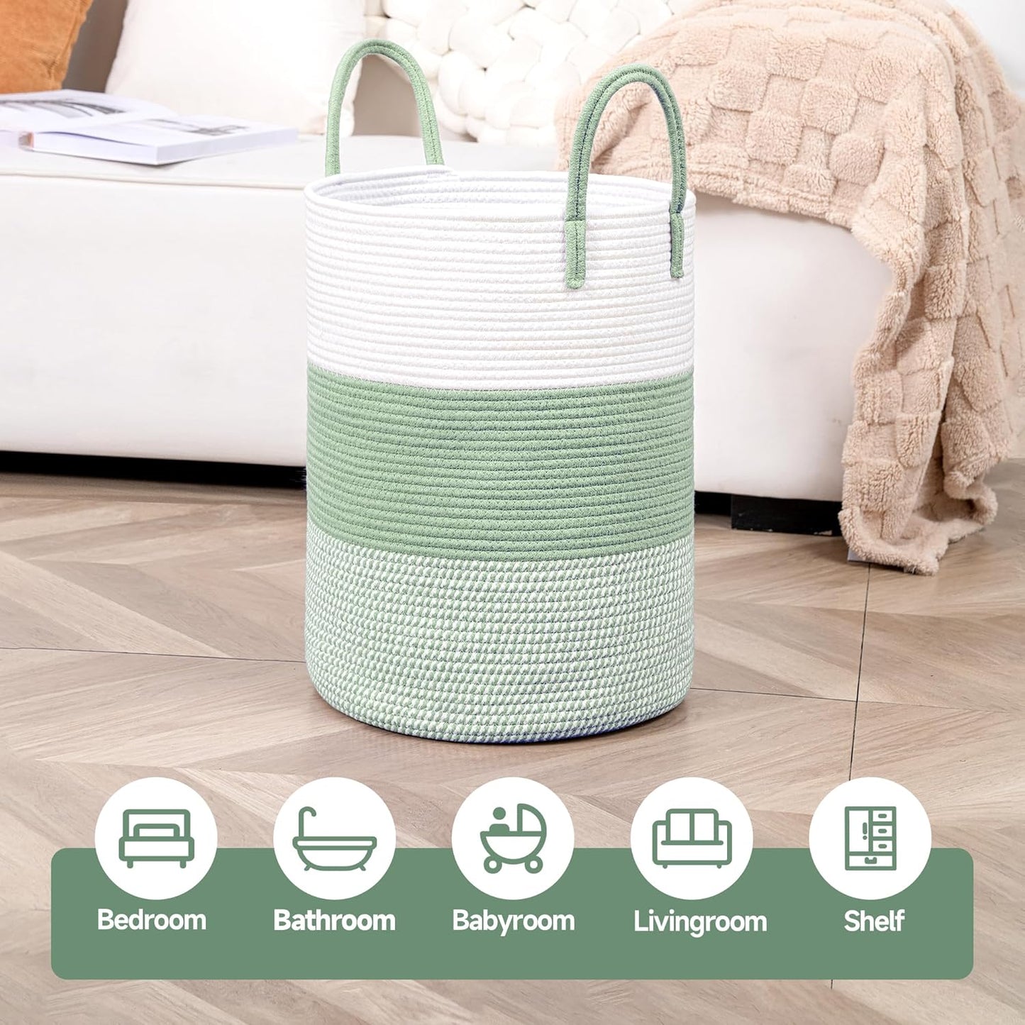 CLHMILY&Z 40L Laundry Basket Round Storage Rope Basket - 13x18 Inches - Green Hamper in Bedreoom and Cute Storage Bin for Blankets, Toys, and Nursery Essentials