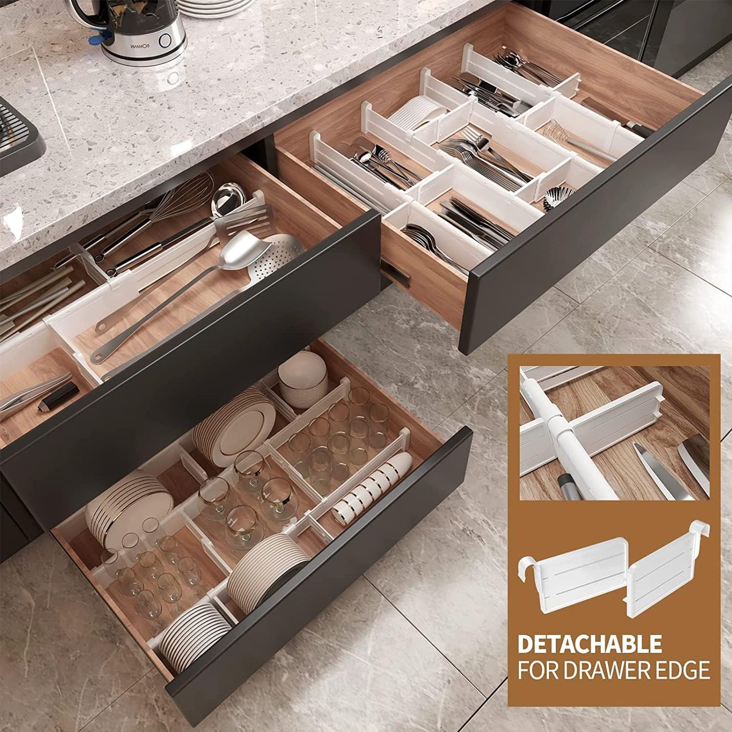 HiYZ Expandable Drawer Dividers with Inserts, Large Kitchen Utensils Drawers Divider, 2.36" High Adjustable Drawer Organizers Separators for Clothing,Kitchen Utensils,Tools,8 Dividers with 16 Inserts