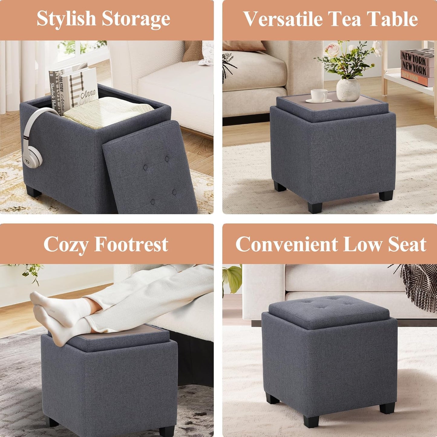 COLAMY Fabric Square Storage Ottoman with Reversible Tray Lid – Multi-Functional Footrest, Hidden Storage, Sturdy & Stylish Small Coffee Table for Living Room, Bedroom, or Entryway(Grey)