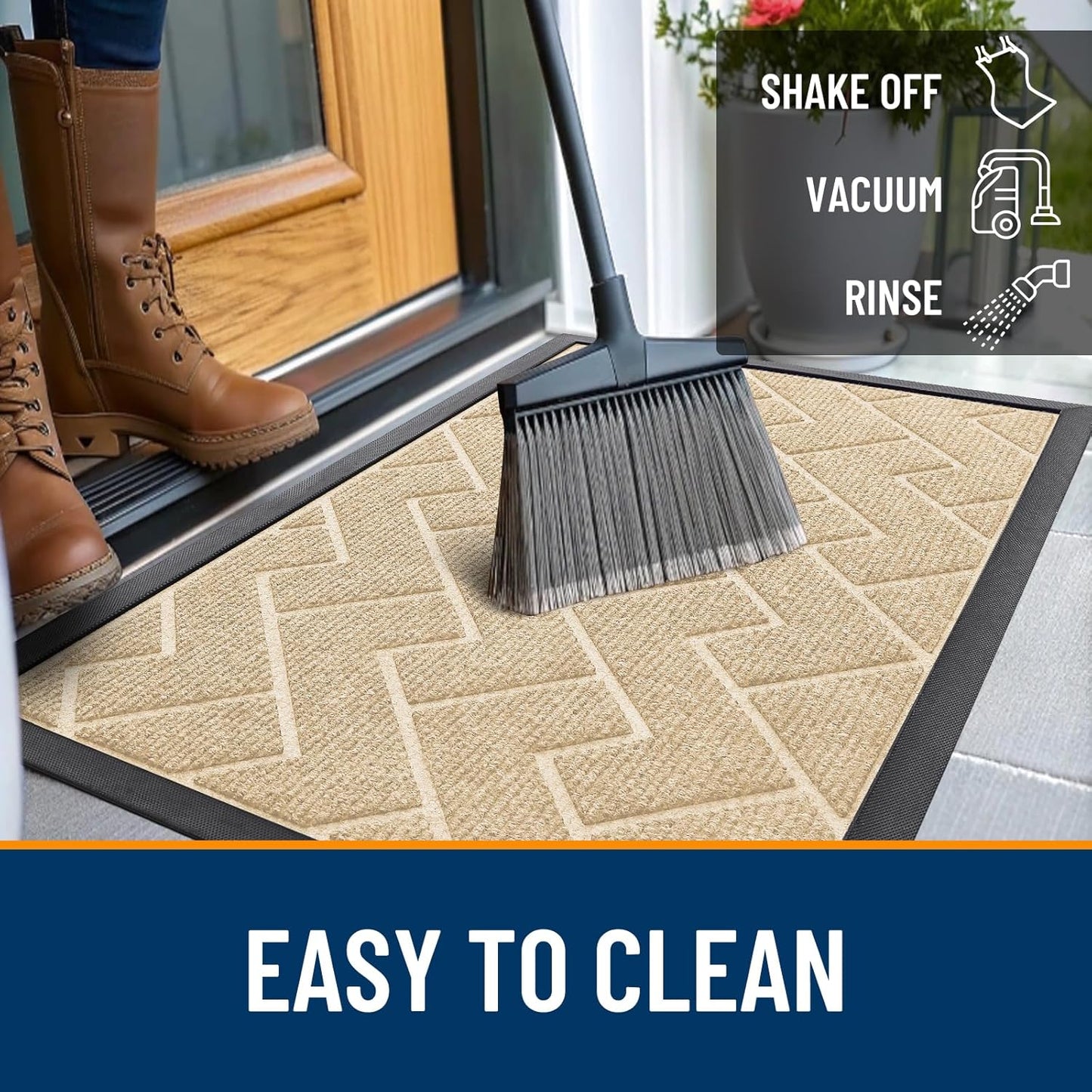 OLANLY Front Door Mat Indoor Outdoor Entrance, Waterproof All-Season, All-Weather Doormat, Sturdy Natural Rubber, Low Profile, Easy Clean Patio Porch Entryway Mat, Herringbone Brick (Beige, 47x23)