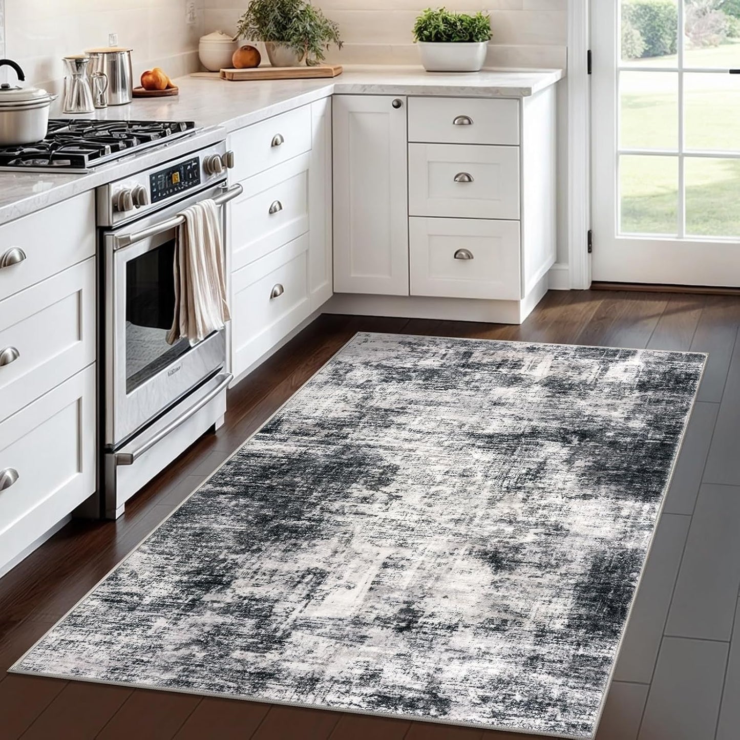 IOHOUZE Abstract Area Rug 4x6 Ft Washable Rugs for Entryway Indoor, Non Slip Small Living Room Rugs Printed Faux Wool Throw Rug, Floor Carpet for Kitchen Nursery Playroom, Black Grey