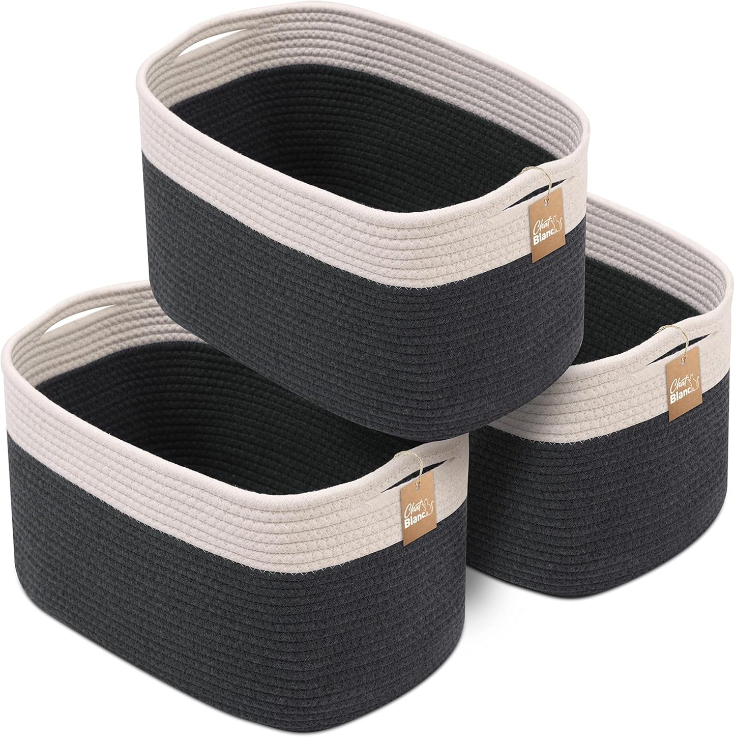 CHAT BLANC Cotton Rope Baskets for Organizing | Storage Baskets for Shelves | Rope Basket for Storage, Small Laundry Baskets, Woven Baskets for Storage, Dog Toy Bin, Baby Basket, White&Graphite 3 Pack