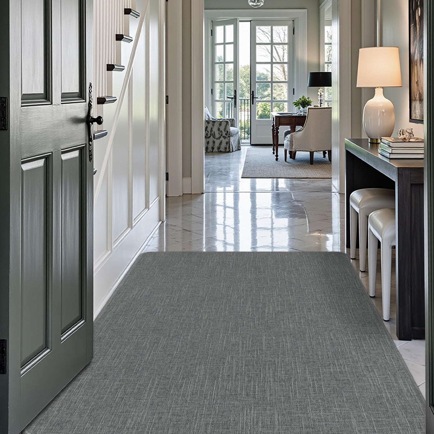 LUMI Ultra Thin Door Mat for Entryway,36"x59" Low Profile Non Slip Rubber Backing Indoor Doormat, Easy Clean Welcome Entrance Mat for Inside House, Patio, Greenish Grey