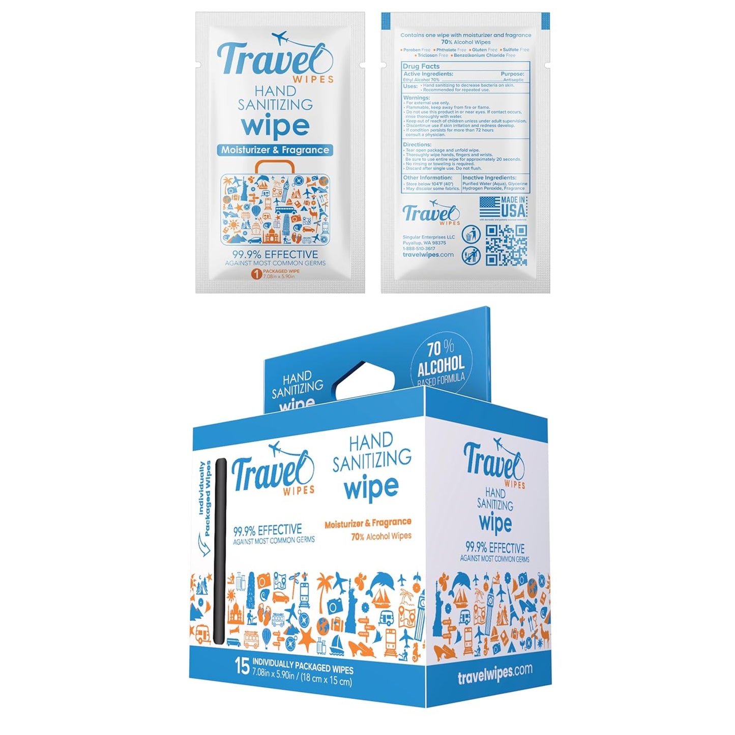 Hand Sanitizing Travel Wipes – 15ct Individually Wrapped | Fresh Citrus Scent, Moisturizing, 70% Alcohol Wipes | Travel, Home, Office, Daily Use | Made in USA