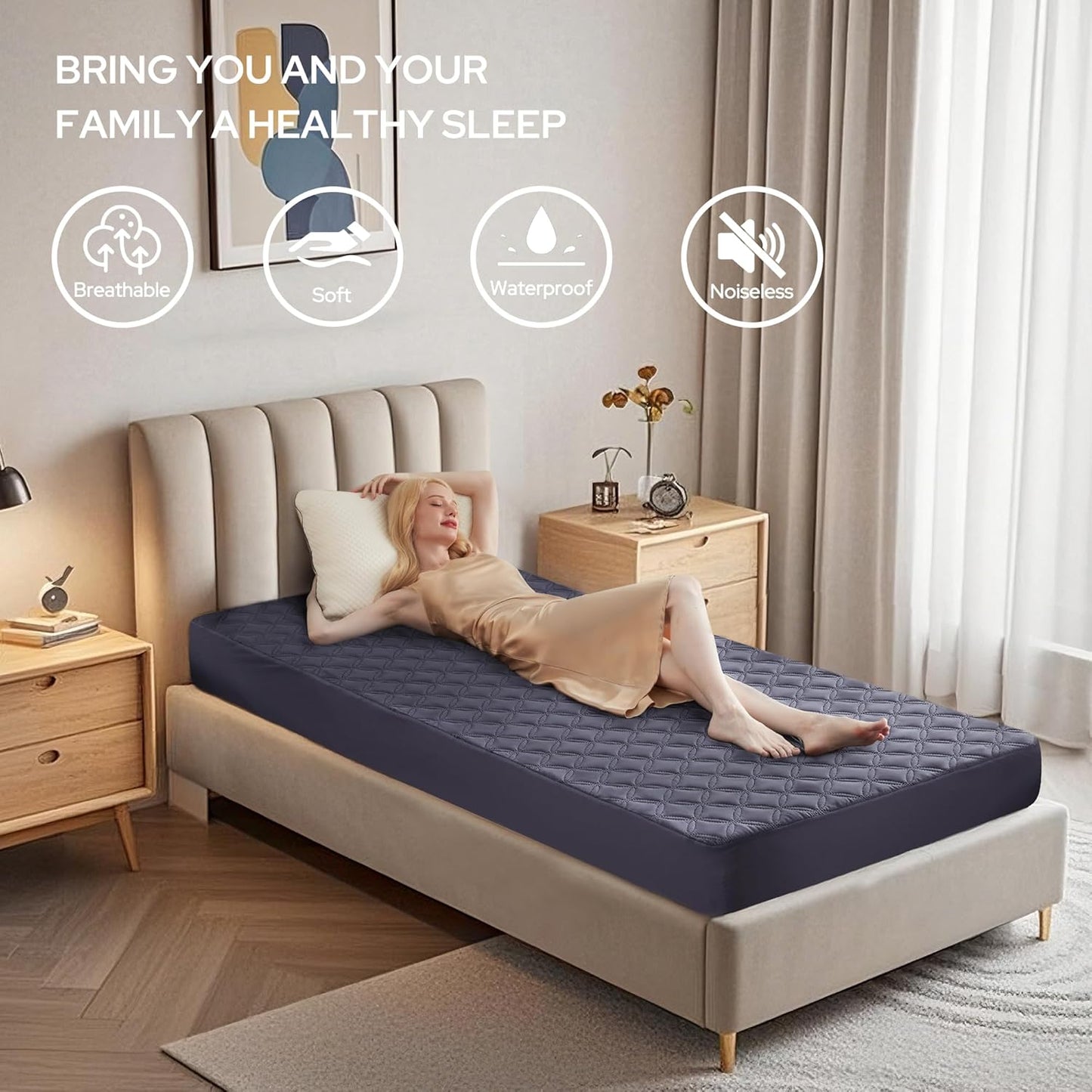 BEDLORE Waterproof Mattress Protector, Twin Size Noiseless Mattress Pad with Deep Pocket 6"-15" Depth, Soft Breathable Bed Mattress Cover Washable for Home, Bedroom, Hotel (Navy Blue)